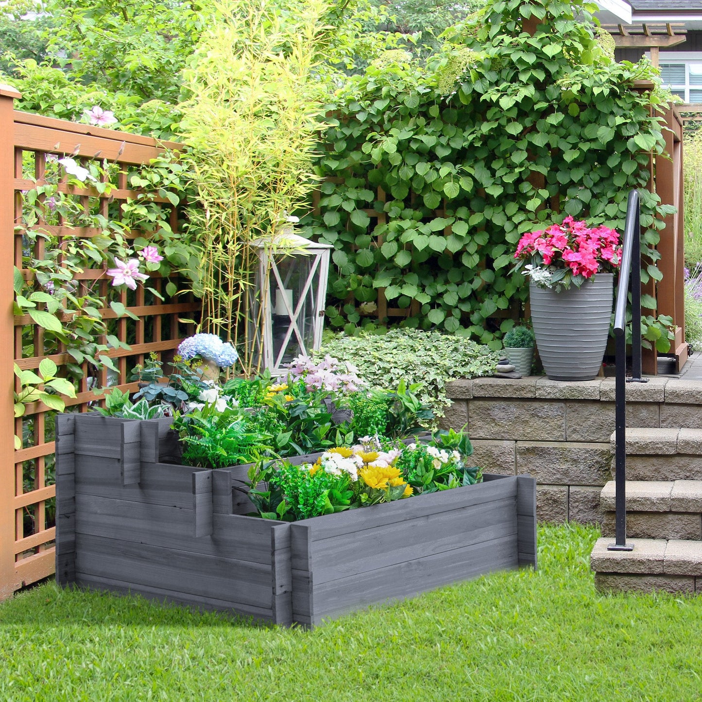 3-Tier Wood Raised Garden Bed, Elevated Planting Box, Outdoor Vegetable Flower Container, Herb Garden Indoor Kit, Gray Wooden Planter Boxes   at Gallery Canada