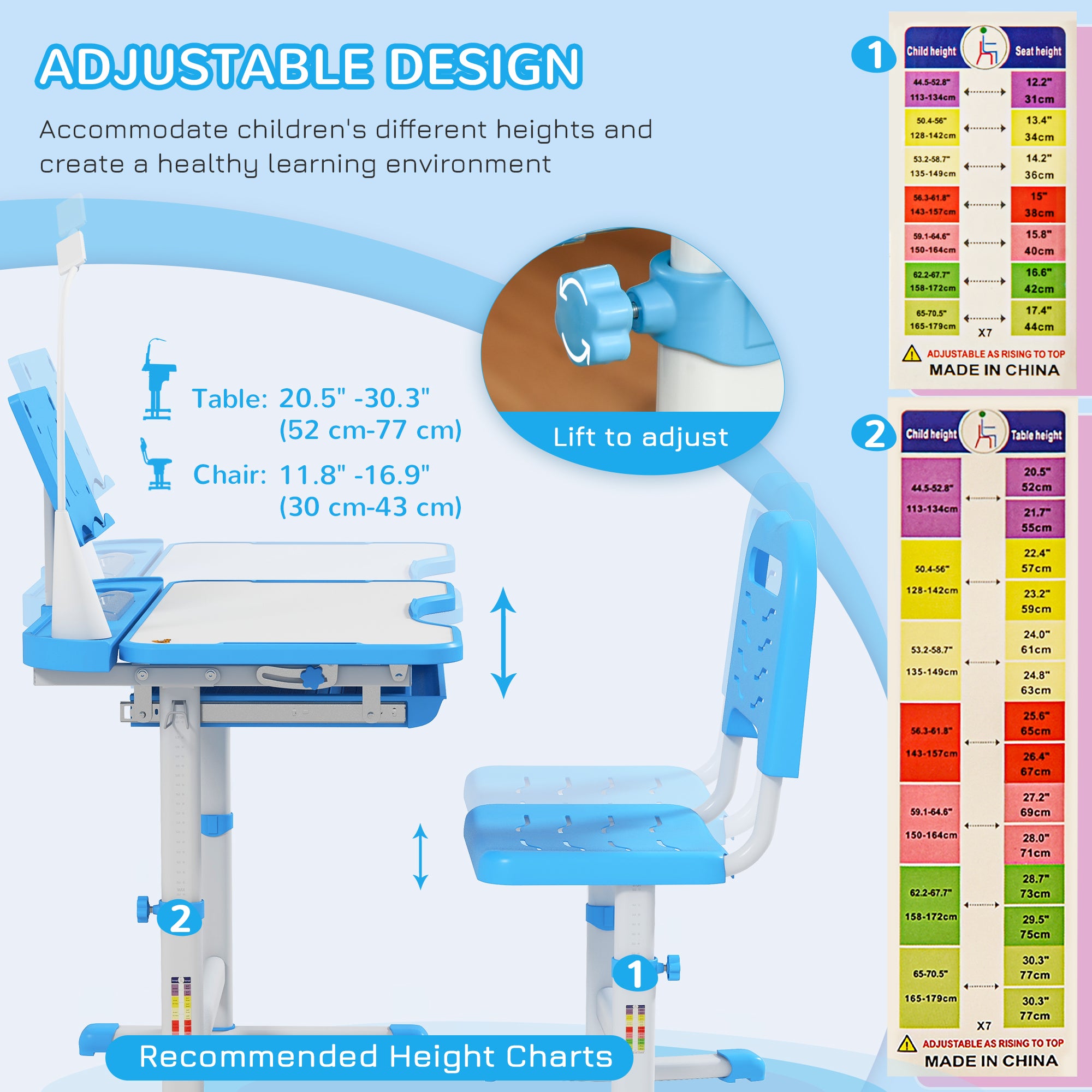 Kids Desk and Chair Set Height Adjustable Student Writing Desk Children School Study Table with Tilt Desktop, Blue Kids Desk Sets at Gallery Canada
