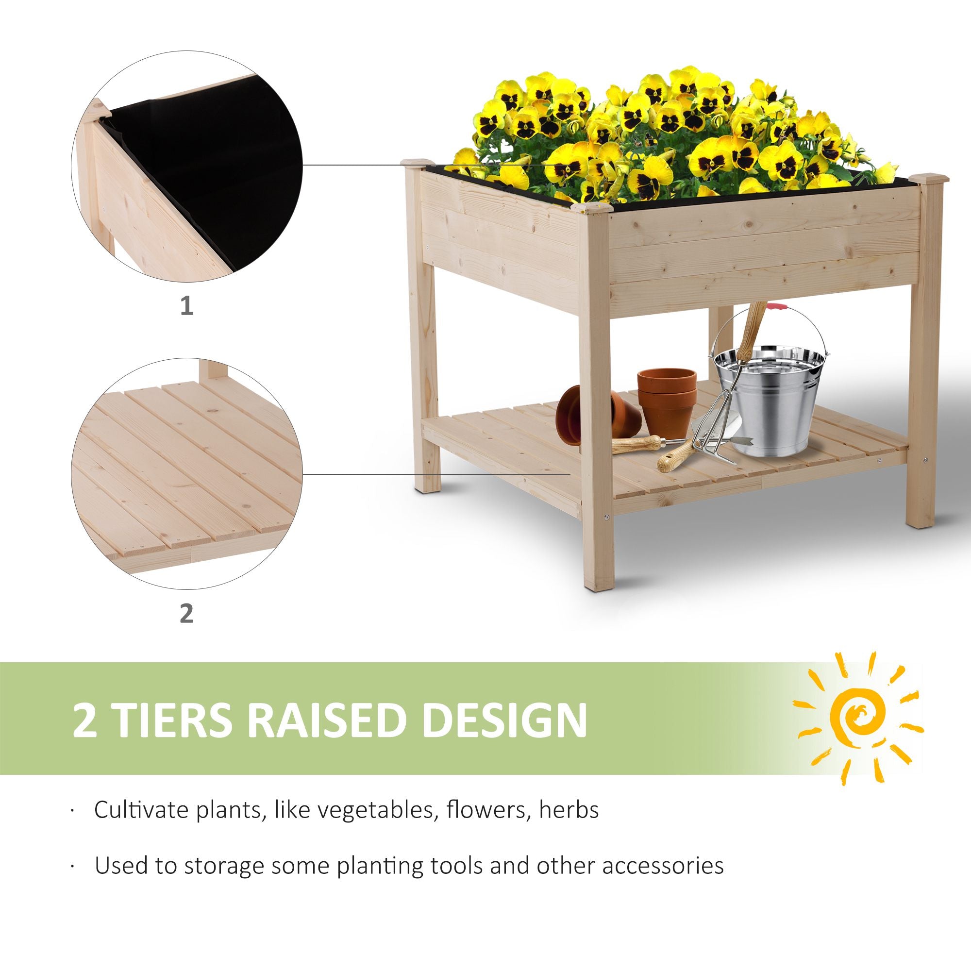 Wooden Raised Garden Bed with Liner, Drainage, Shelf, Legs, 35.75