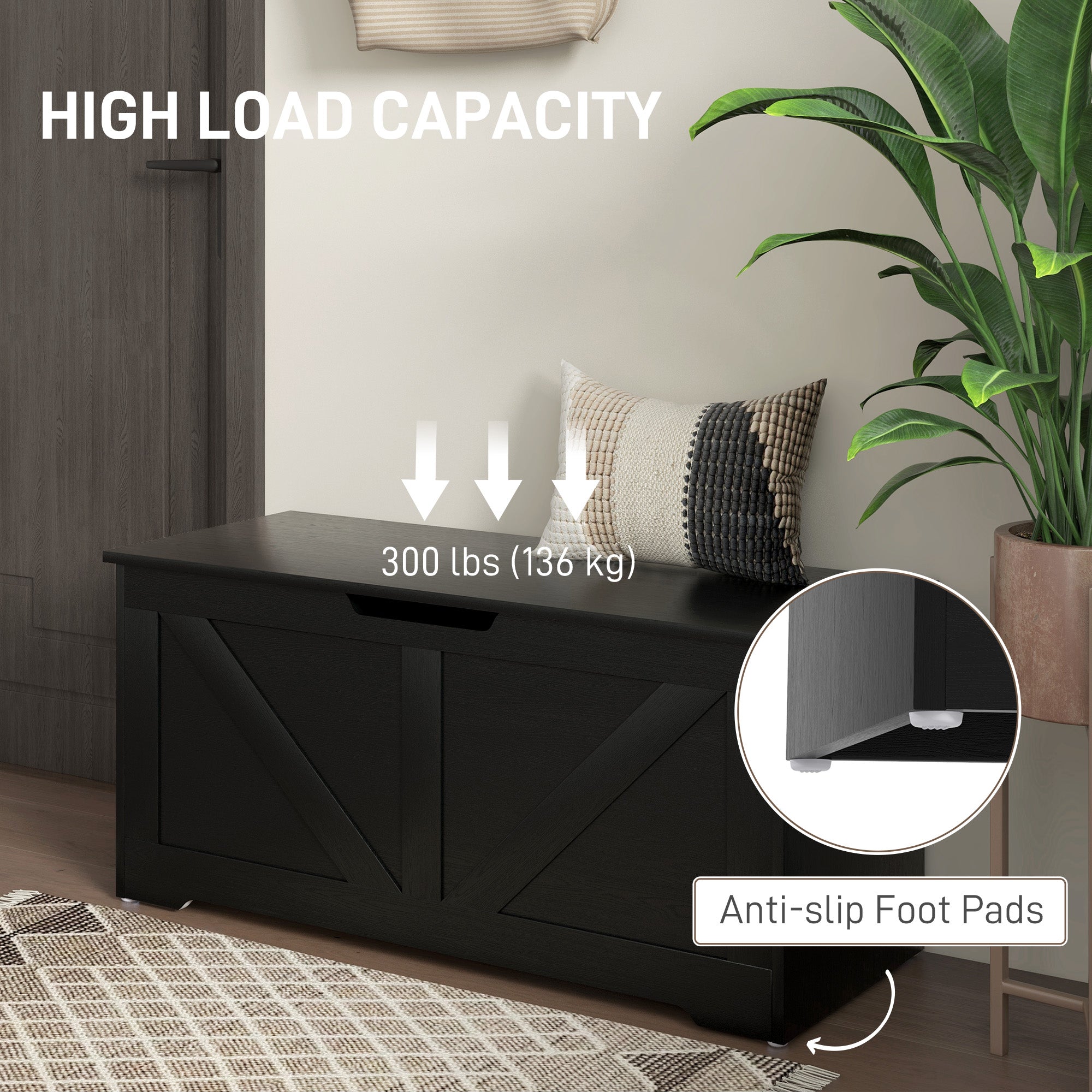 39.4 Inches Storage Chest, Storage Trunk with 2 Safety Hinges, Wooden Toy Box for Living Room, Black Wood Grain Storage Cabinets   at Gallery Canada