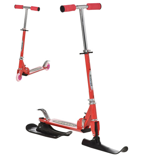 Snow Scooter, 2 in 1 Design Adjustable Height Scooter Snow Sled for Kids Aged Over 7 Years Old, Kids Sled Ski Scooter with Wheels Blades, Red