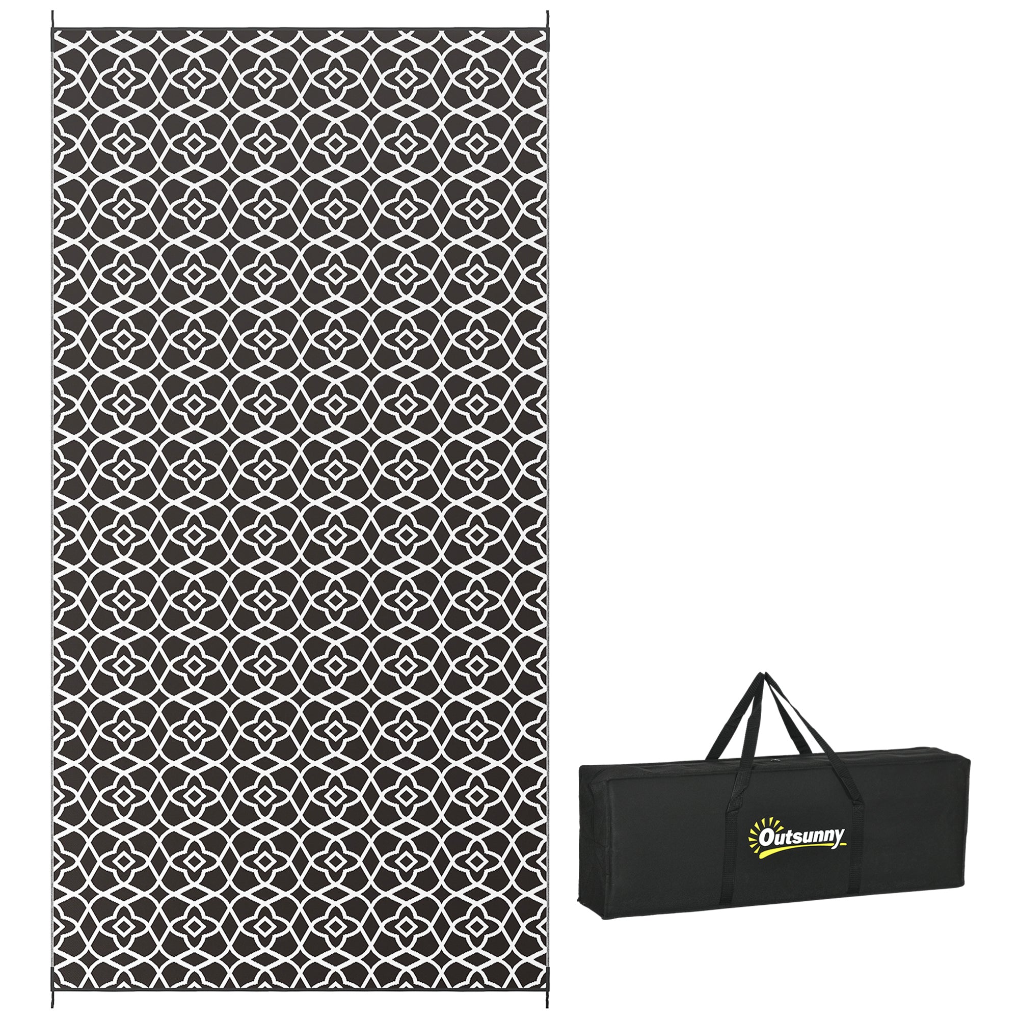 Reversible Outdoor Rug, Waterproof Plastic Straw RV Rug with Carry Bag, 9' x 18', Black and White Clover Outdoor Reversible Rugs at Gallery Canada