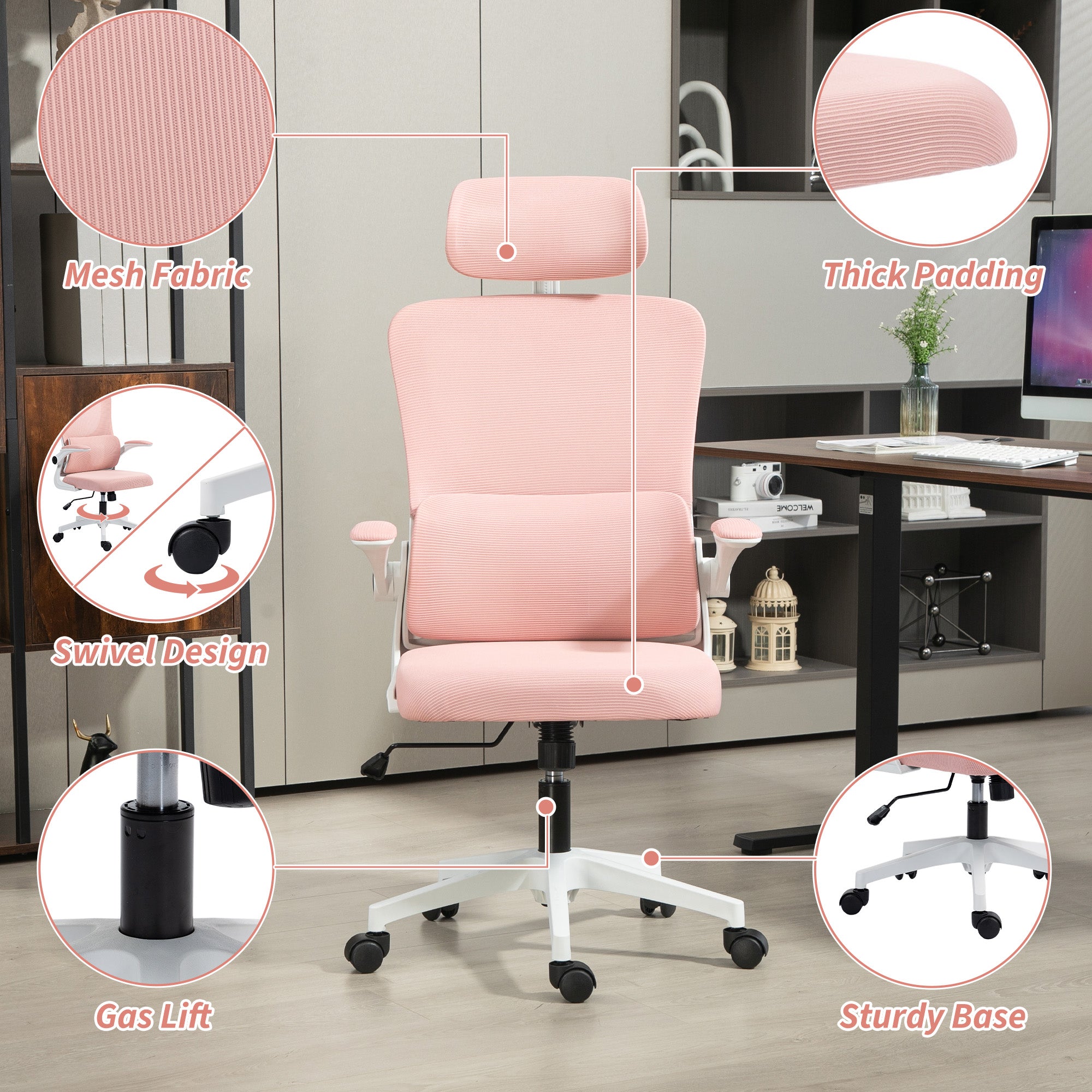 High Back Office Chair, Mesh Computer Desk Chair with Rotatable Headrest, Lumbar Back Support, Adjustable Height, Pink Executive & Manager Chairs at Gallery Canada