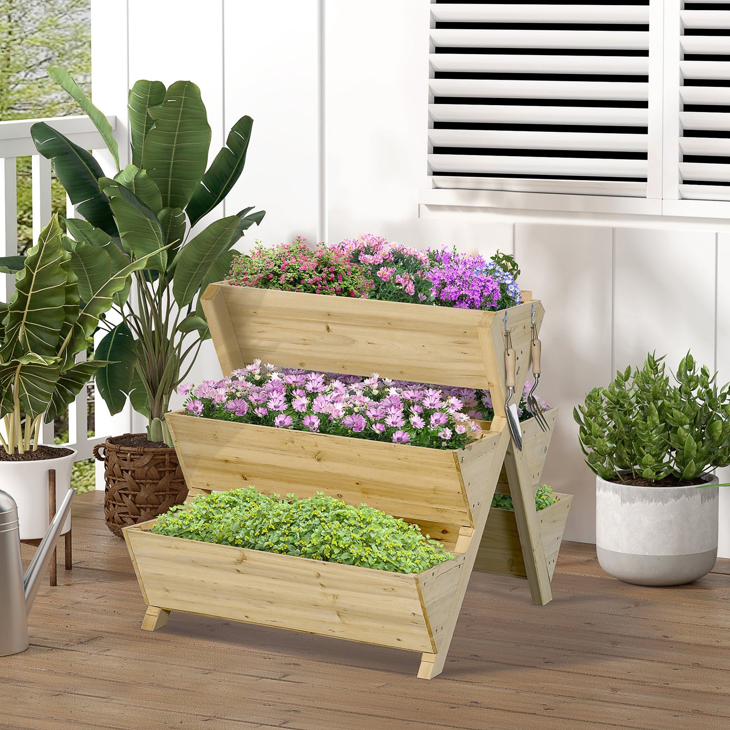 Freestanding Raised Garden Bed with 5 Planter Boxes and Hooks, Light Brown Elevated Garden Beds   at Gallery Canada