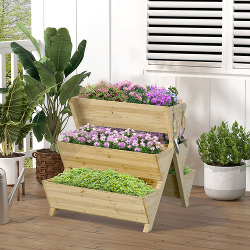 Freestanding Raised Garden Bed with 5 Planter Boxes and Hooks, Light Brown