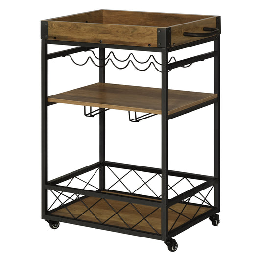 Retro Industrial Bar Serving Cart Rolling Kitchen Island Storage Utility Trolley with 5-bottle Wine Rack &; Serving Tray - Gallery Canada