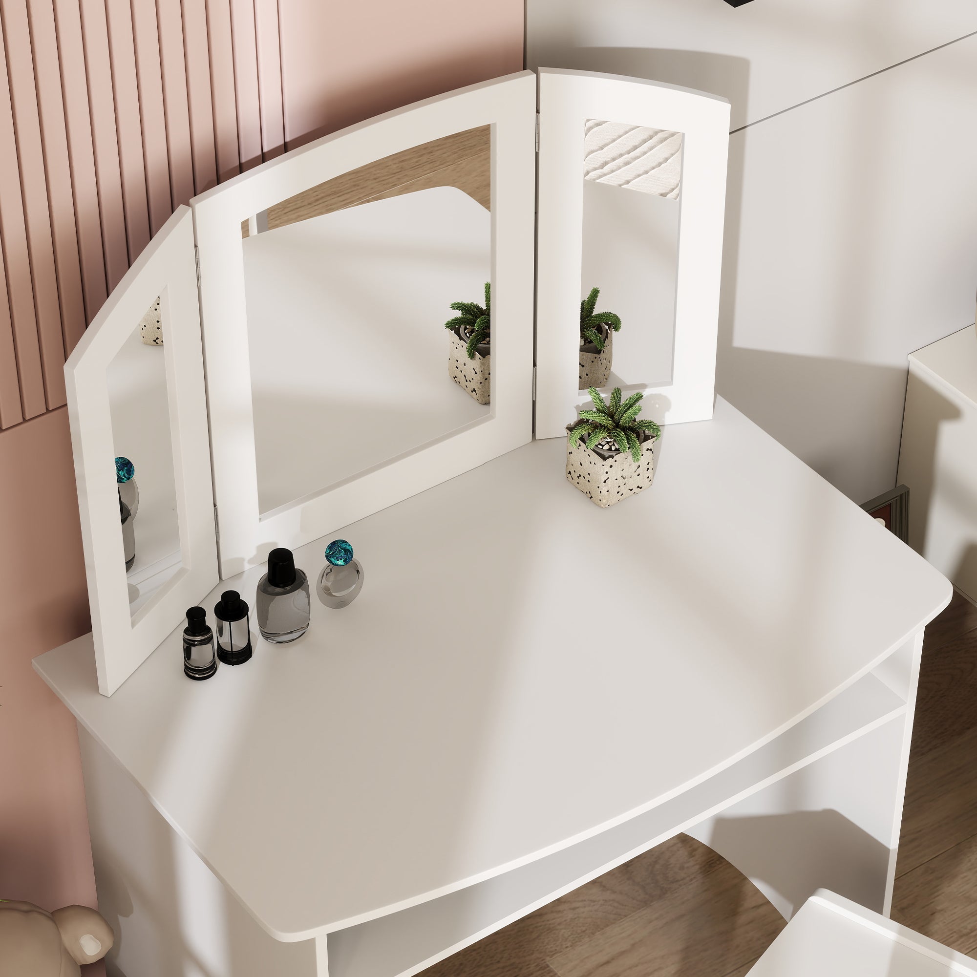 2 in 1 Kids Vanity Set Makeup Dressing Table Pretend Play Set with Tri-Folding Mirror, Stool, Storage Shelf Toy Vanity at Gallery Canada