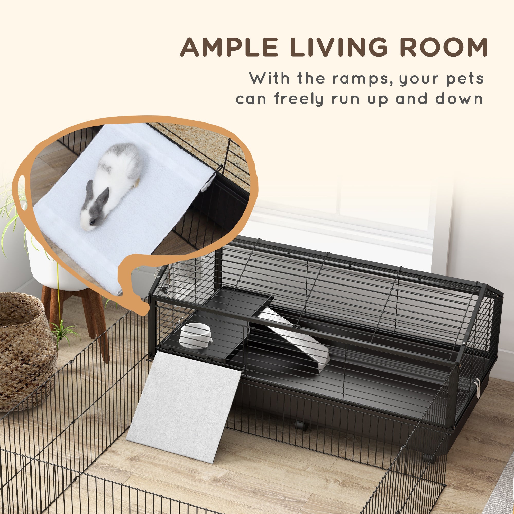 Metal Small Animal Cage, Rabbit Cage for Guinea Pig, Chinchilla, Hedgehog, Bunny with Removable Wheels and Foldable Detachable Run Fence 47.2
