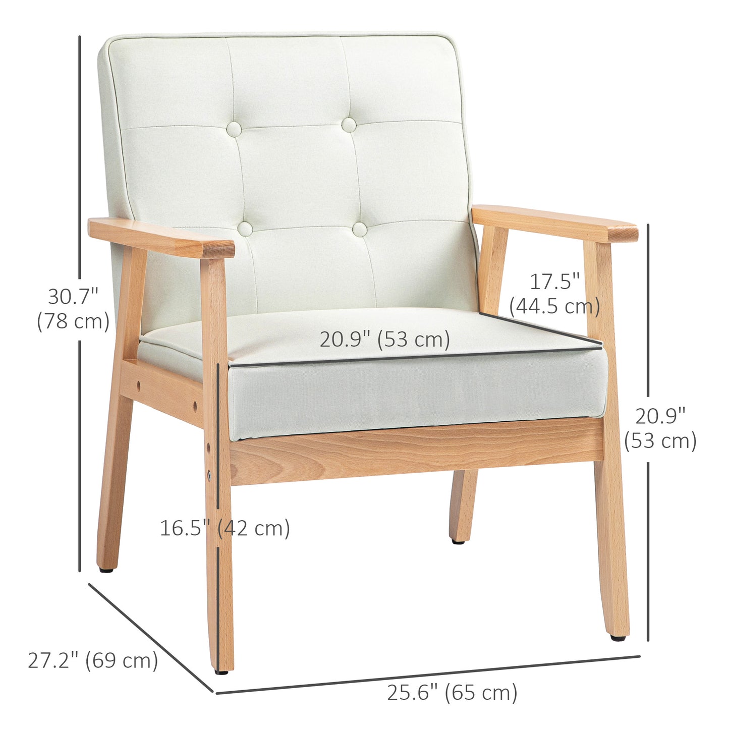 Modern Armchair Fabric, Accent Chair with Tufted Back, Wood Legs and Thick Padding for Living Room, Bedroom, Cream White Accent Chairs   at Gallery Canada