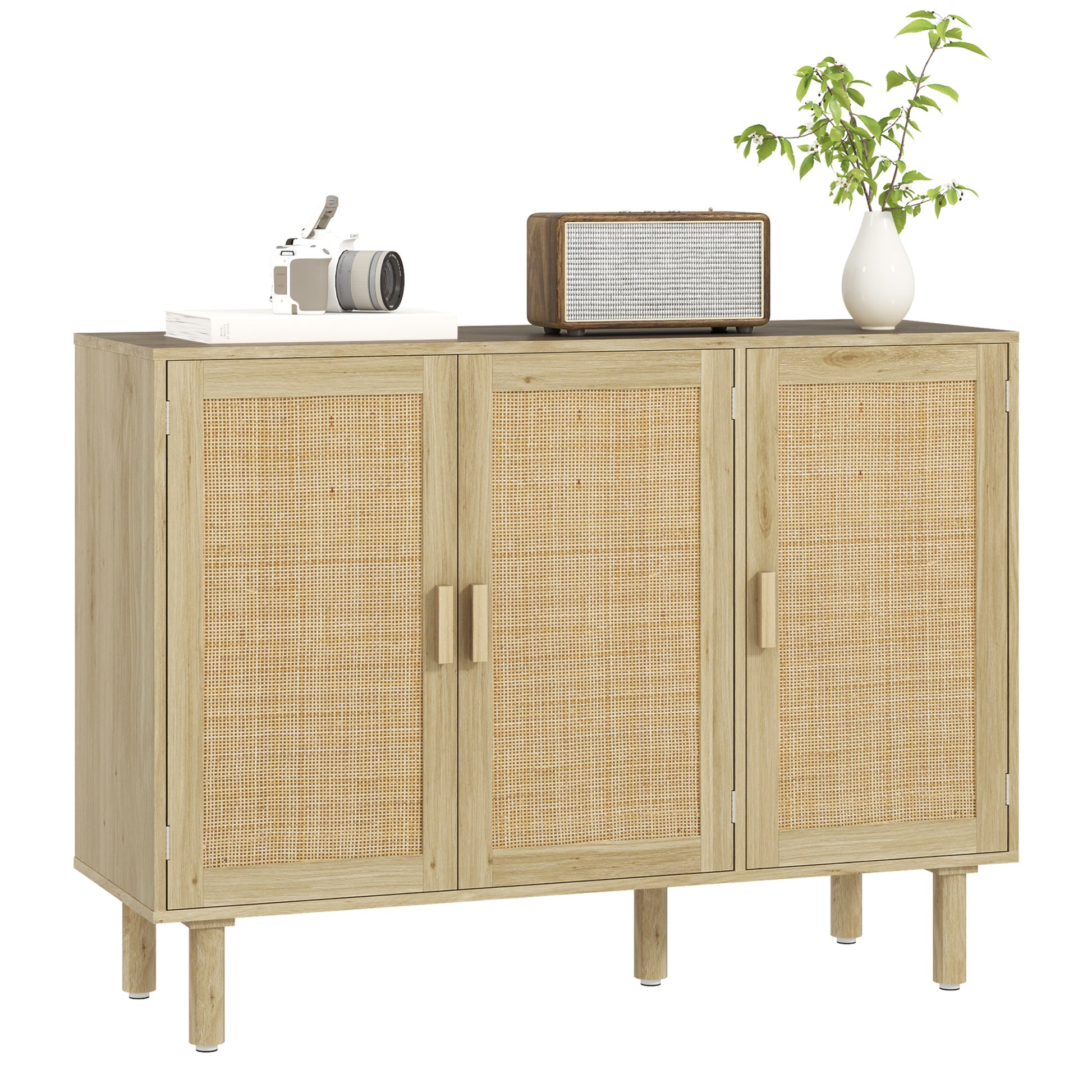 Bohemian Sideboard, 46.9" Buffet Cabinet with 3 Rattan Doors and Shelves for Living Room, Hallway, Oak Storage Cabinets at Gallery Canada