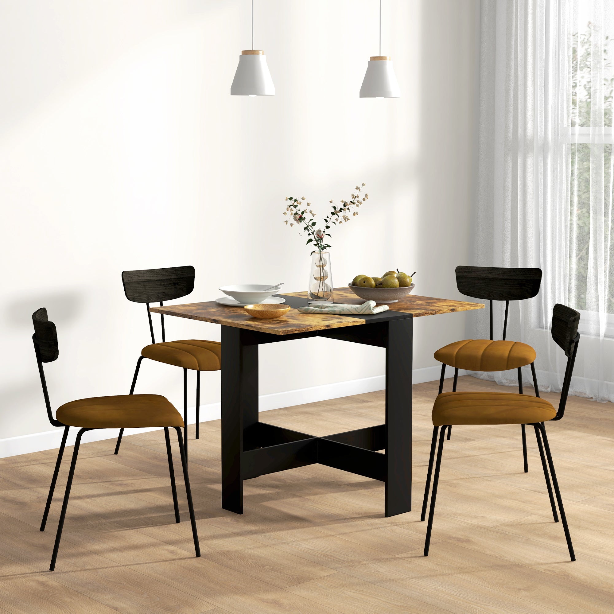 Drop Leaf Dining Table Wood Folding Table Multi-Use Side Table Dining Desk Space Saving Table, Rustic Brown and Black Bar Tables & Dining Tables Rustic Brown and Black  at Gallery Canada