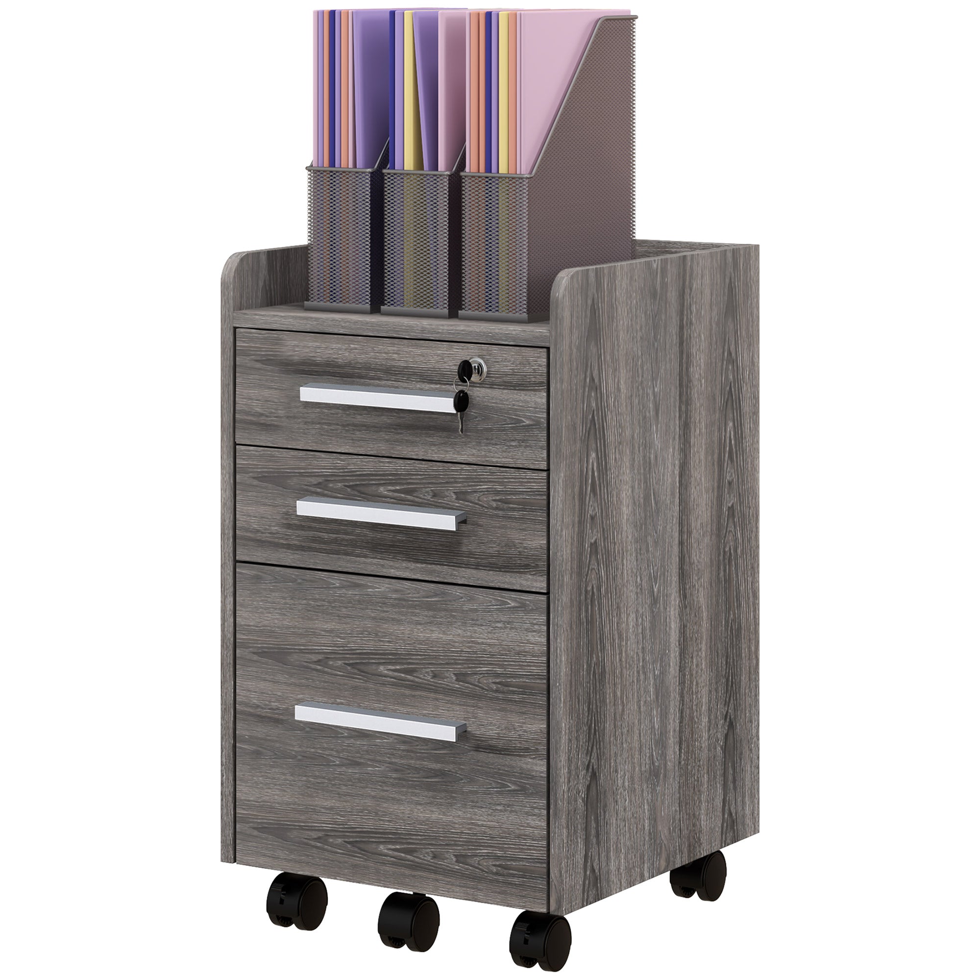 3 Drawer Vertical File Cabinet, Mobile Filing Cabinet with Lock and Wheels for A4, Letter Size, Grey Office Cabinets & Cupboards Grey at Gallery Canada