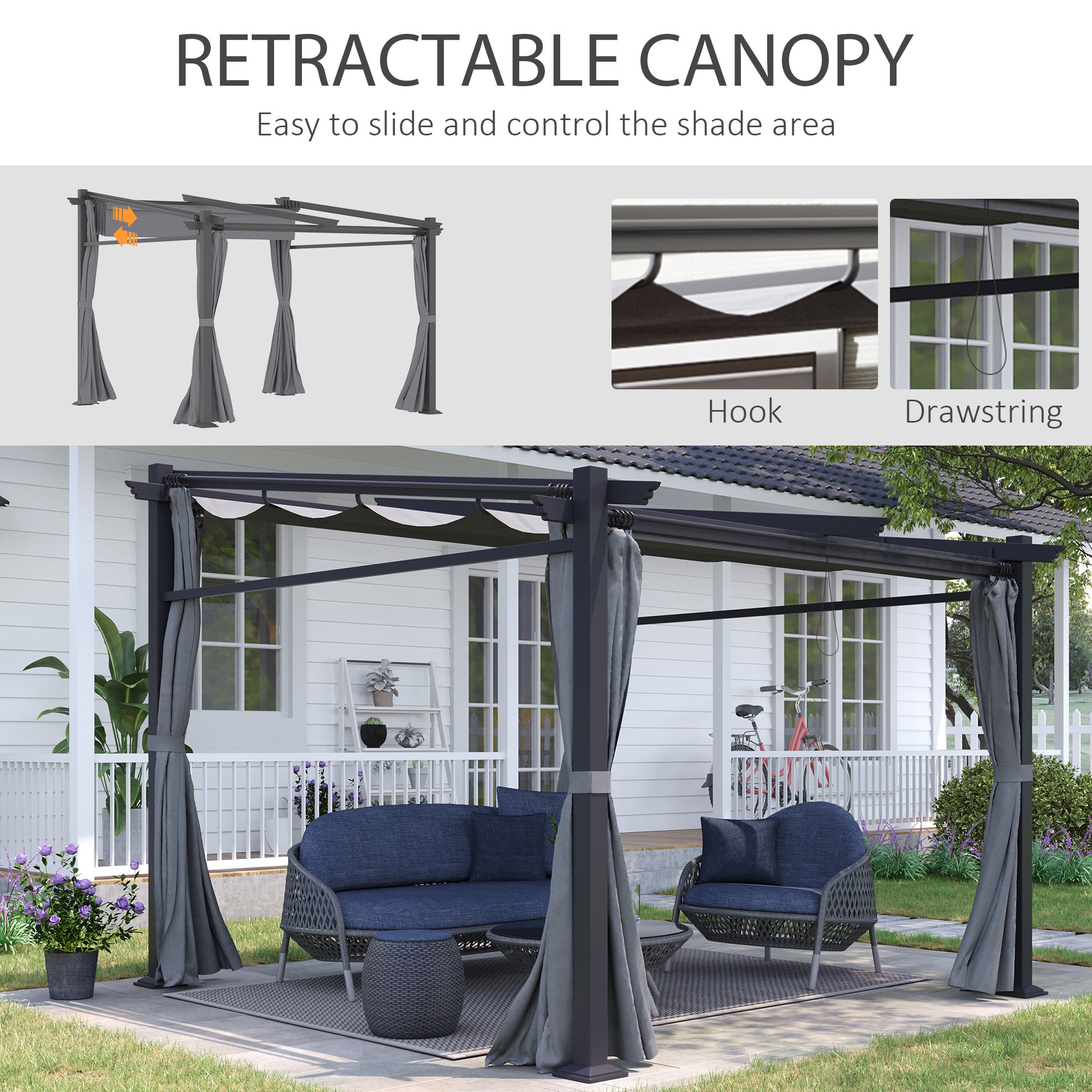 Metal Pergola with Sliding Roof Canopy, Retractable Pergola Canopy, 10' x 10', Dark Grey Pergolas at Gallery Canada