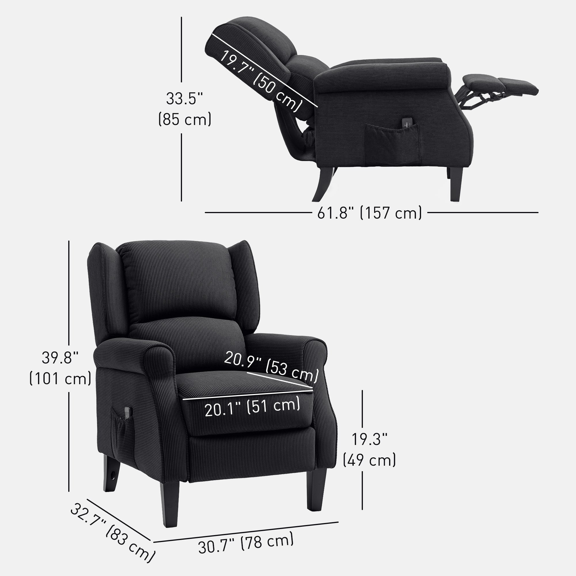 Push Back Recliner Chair, Vibration Massage Recliner for Living Room with Extendable Footrest, Remote, Pocket, Black Sofas & Reclining Chairs at Gallery Canada