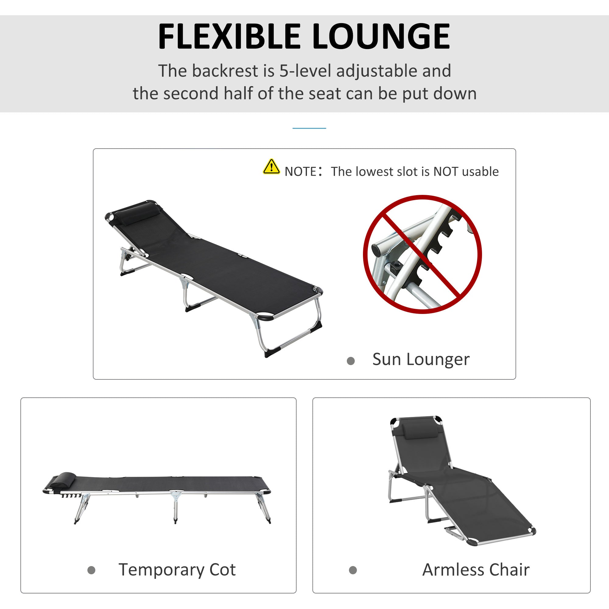 Folding Lounge Chair, Patio Lounger with Headrest, 5-Level Adjustable Backrest, and Aluminum Frame, Black Lounger Chairs   at Gallery Canada