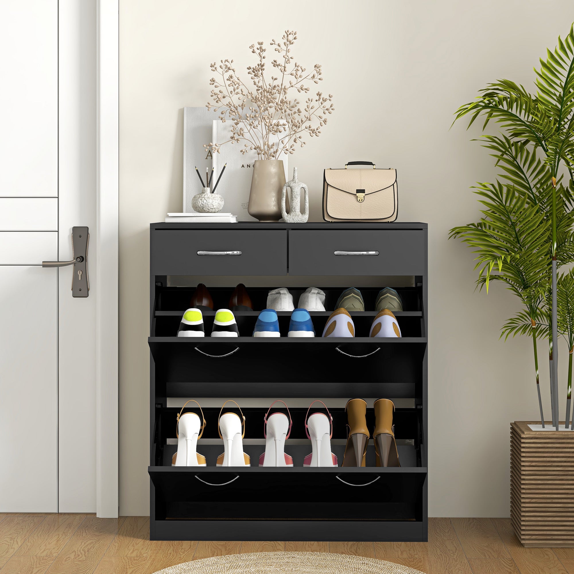 Narrow Shoe Storage with 2 Flip Drawers and Adjustable Shelves Shoe Cabinet Organizer for 12 Pairs of Shoes, Black Shoe Storage Cabinets & Racks at Gallery Canada