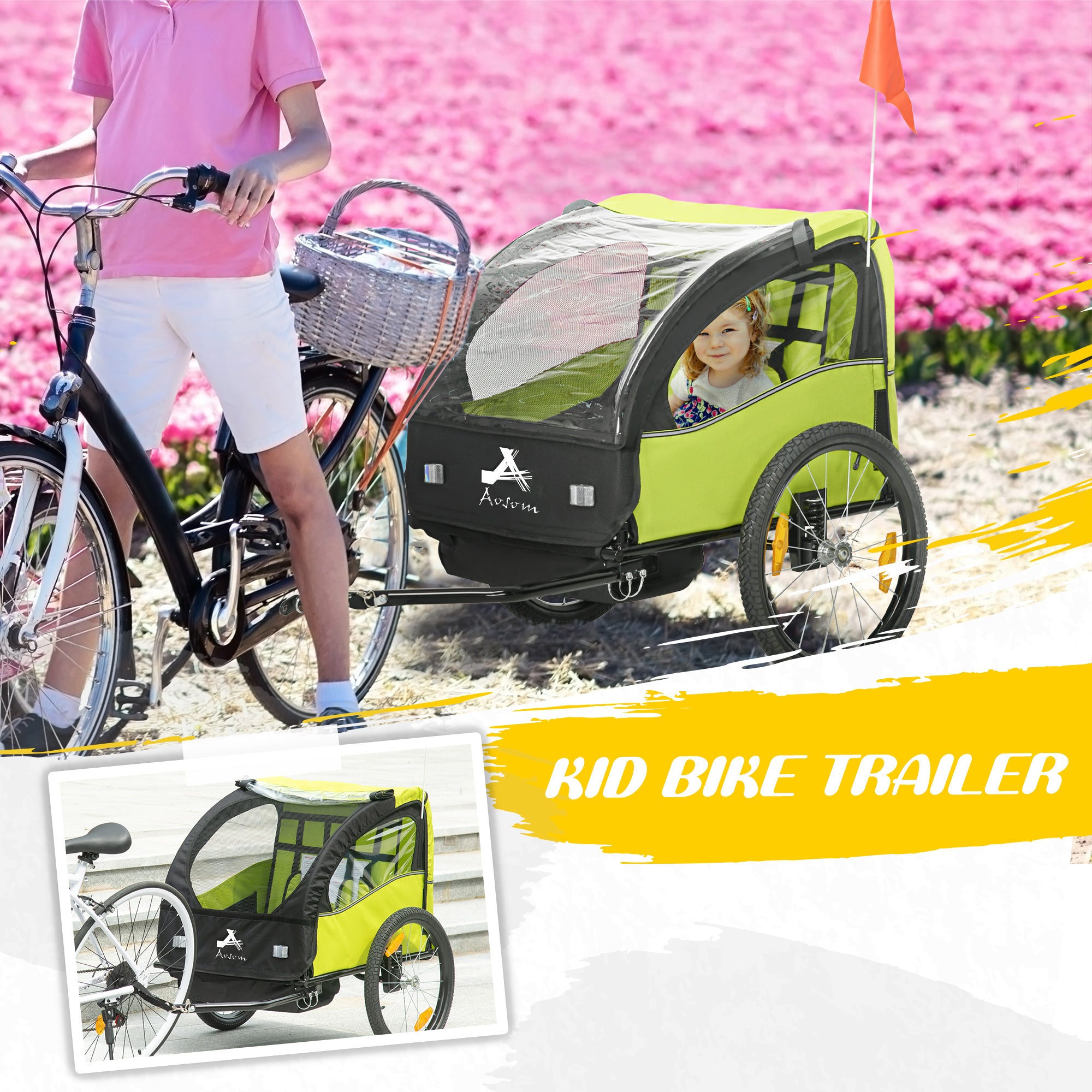 2 Seat Bike Trailer for Kids, Baby Stroller with Storage Bag, 5 Point Harness, Bicycle Trailer with 20