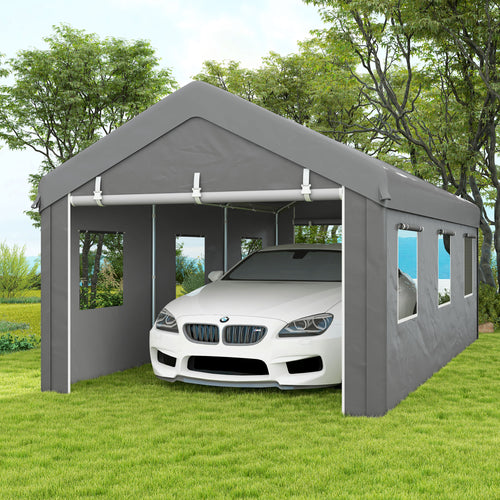 10' x 20' Carport, Heavy Duty Portable Garage with 6 Mesh Windows and 2Doors, Gey