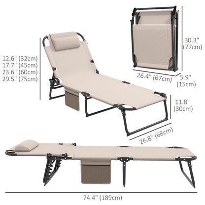 Folding Outdoor Lounge - Tanning Chair with 4-level Reclining Back, with Cushion, Breathable Mesh, Headrest, Beige Lounger Chairs   at Gallery Canada