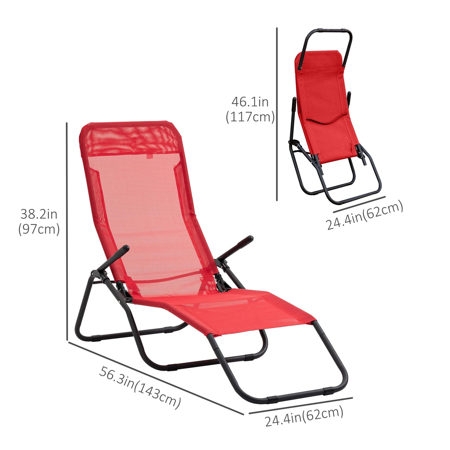 Foldable Patio Lounge Chair, Outdoor Beach Lounger with Breathable Mesh Fabric, Zero Gravity Chair with Reclining, Footrests, and Armrests, for Garden, Pool, Red Lounger Chairs at Gallery Canada