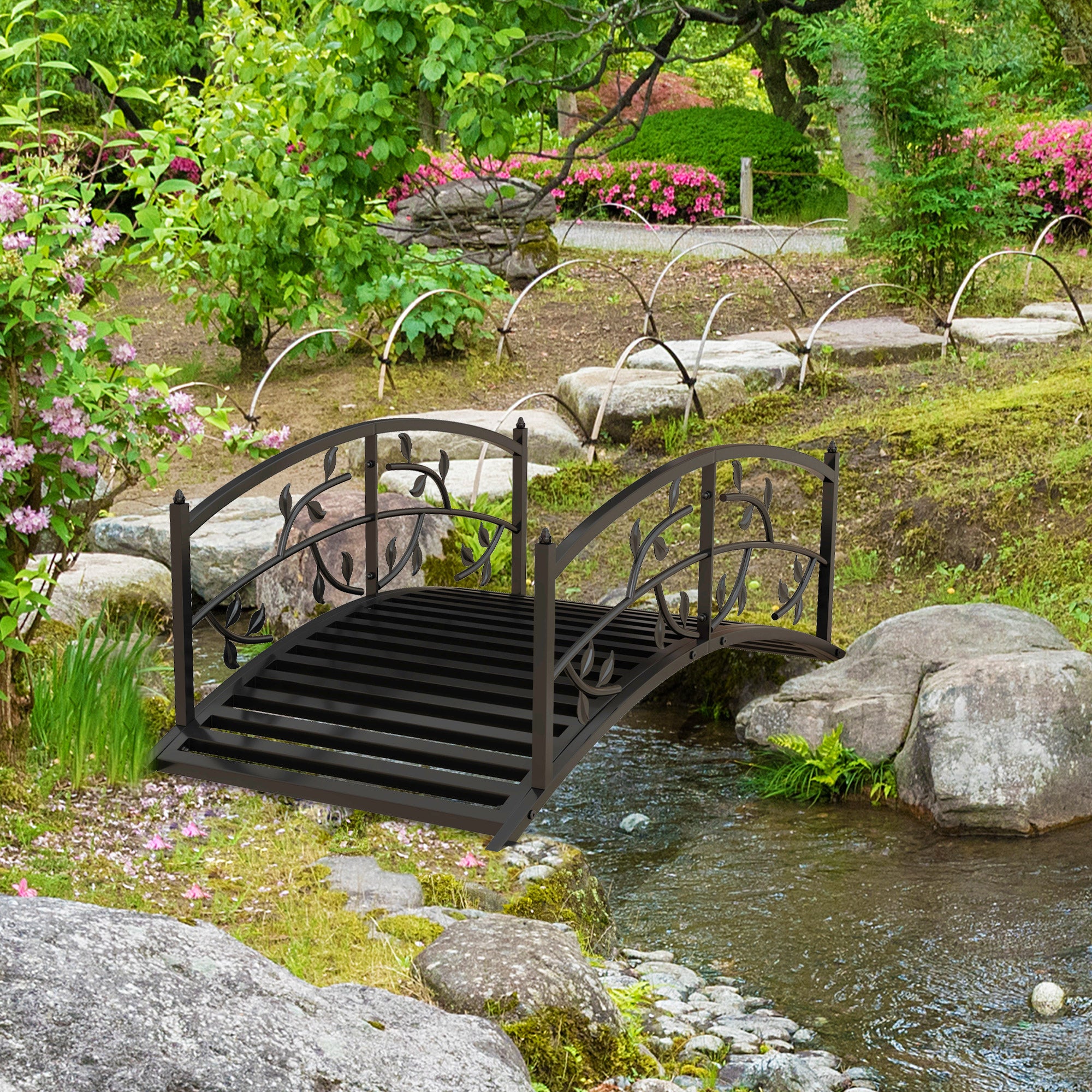 4' Metal Arch Garden Bridge Arc Footbridge with Guardrails and Decorative Vine Pattern, Black Garden Bridges at Gallery Canada