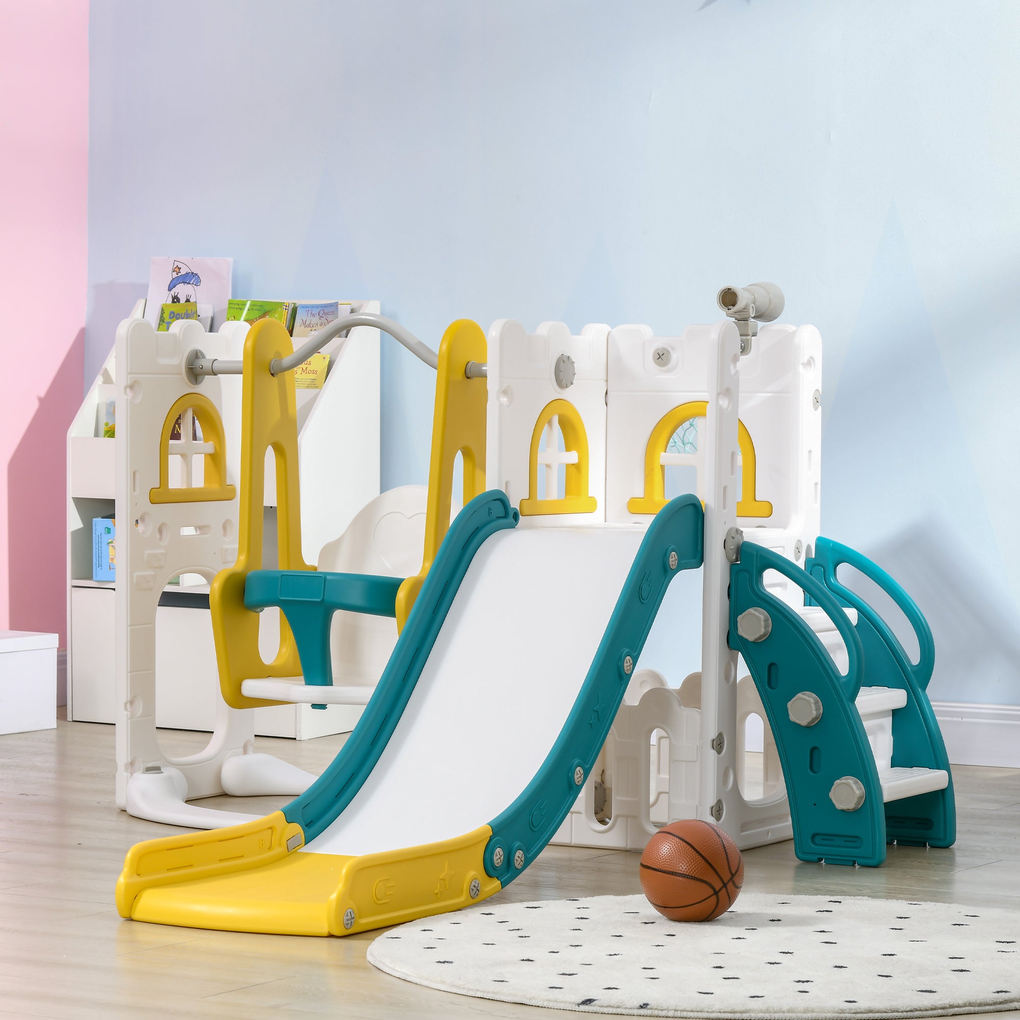 6-in-1 Slide and Swing Set Baby Swing Playset Indoor with Basketball Hoop, Climber, Storage Space, Telescope, Yellow Gym Sets & Swings   at Gallery Canada