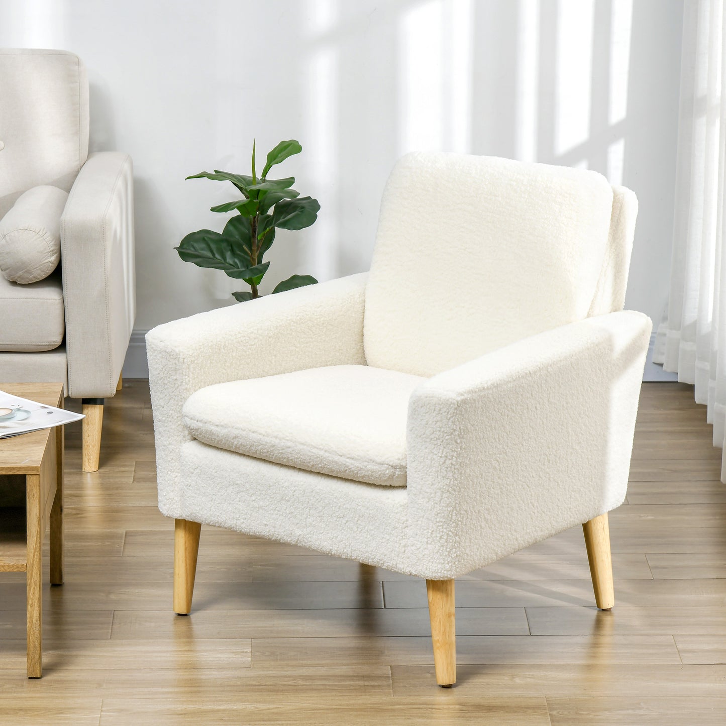 Fabric Accent Chair, Modern Upholstered Armchair with Wood Legs and Wide Padded Seat, Cream White Accent Chairs   at Gallery Canada