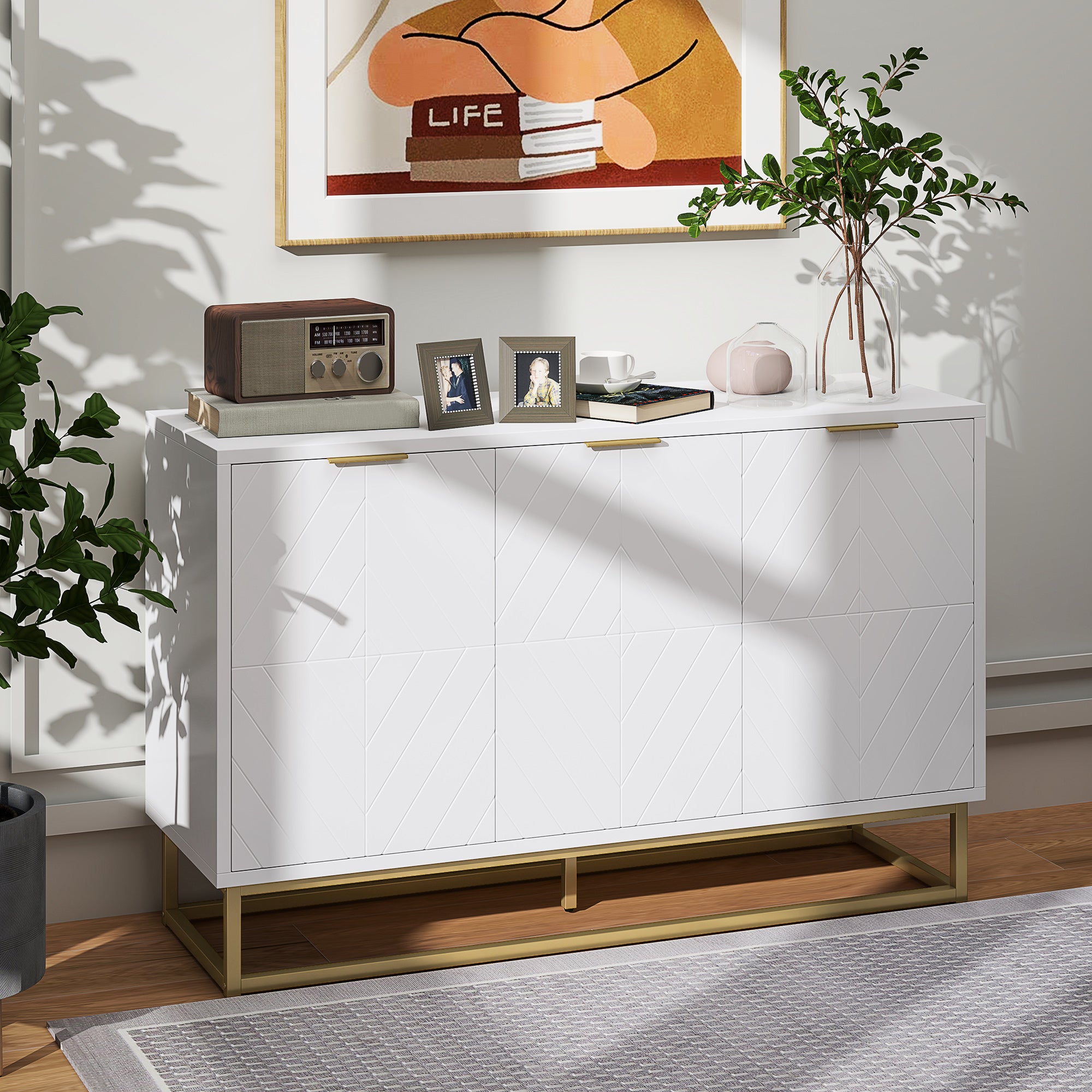 Sideboard Storage Cabinet with 3 Doors and Adjustable Shelves, Kitchen Buffet Cabinet for Dining Room, White Kitchen Pantry Cabinets at Gallery Canada