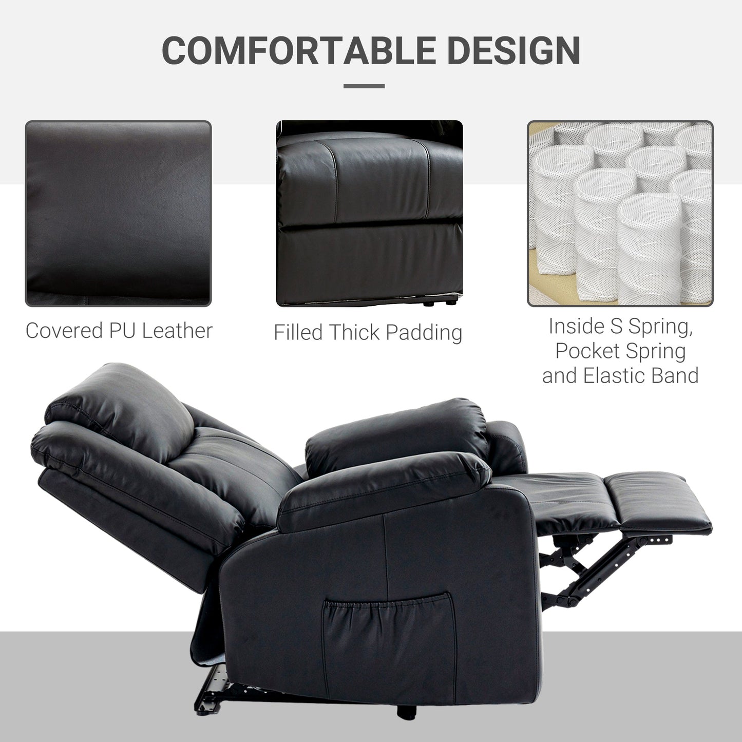 PU Leather Reclining Chair, Recliner Chair for Living Room with Footrest and 2 Side Pockets, Black Single Sofas   at Gallery Canada