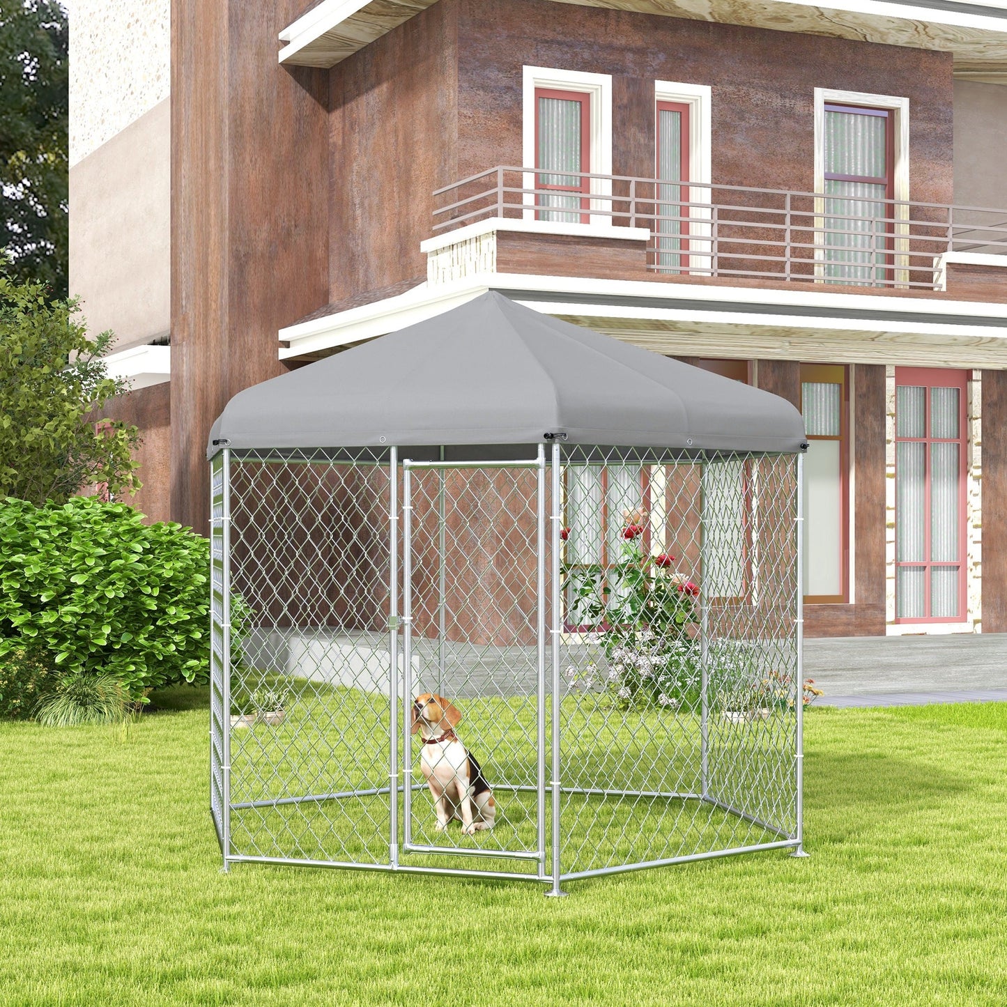 9.2' x 8' x 7.7' Outdoor Dog Kennel Dog Run with Waterproof, UV Resistant Cover for Medium Large Sized Dogs, Silver Houses, Kennels & Pens   at Gallery Canada