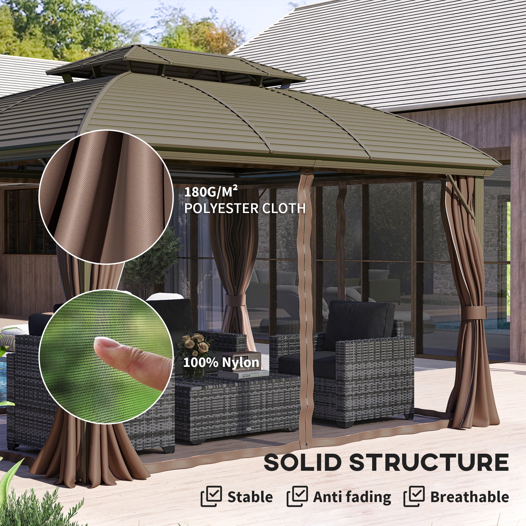 10' x 12' Hardtop Gazebo Canopy with Double Roof, Netting and Curtains for Garden, Backyard, Deck, Coffee Gazebos at Gallery Canada