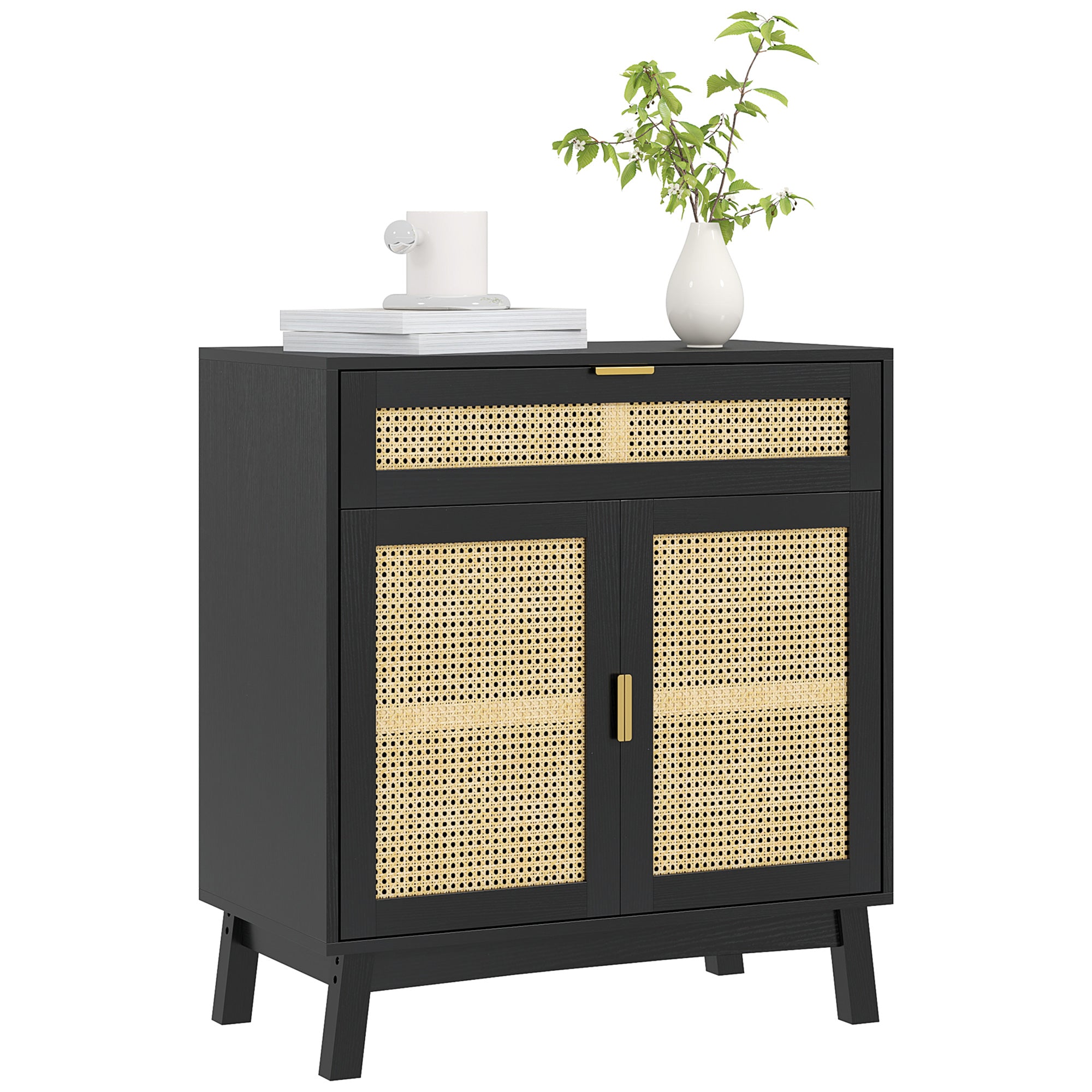 Boho Sideboard Storage Cabinet with Rattan Doors, Black Storage Cabinets at Gallery Canada