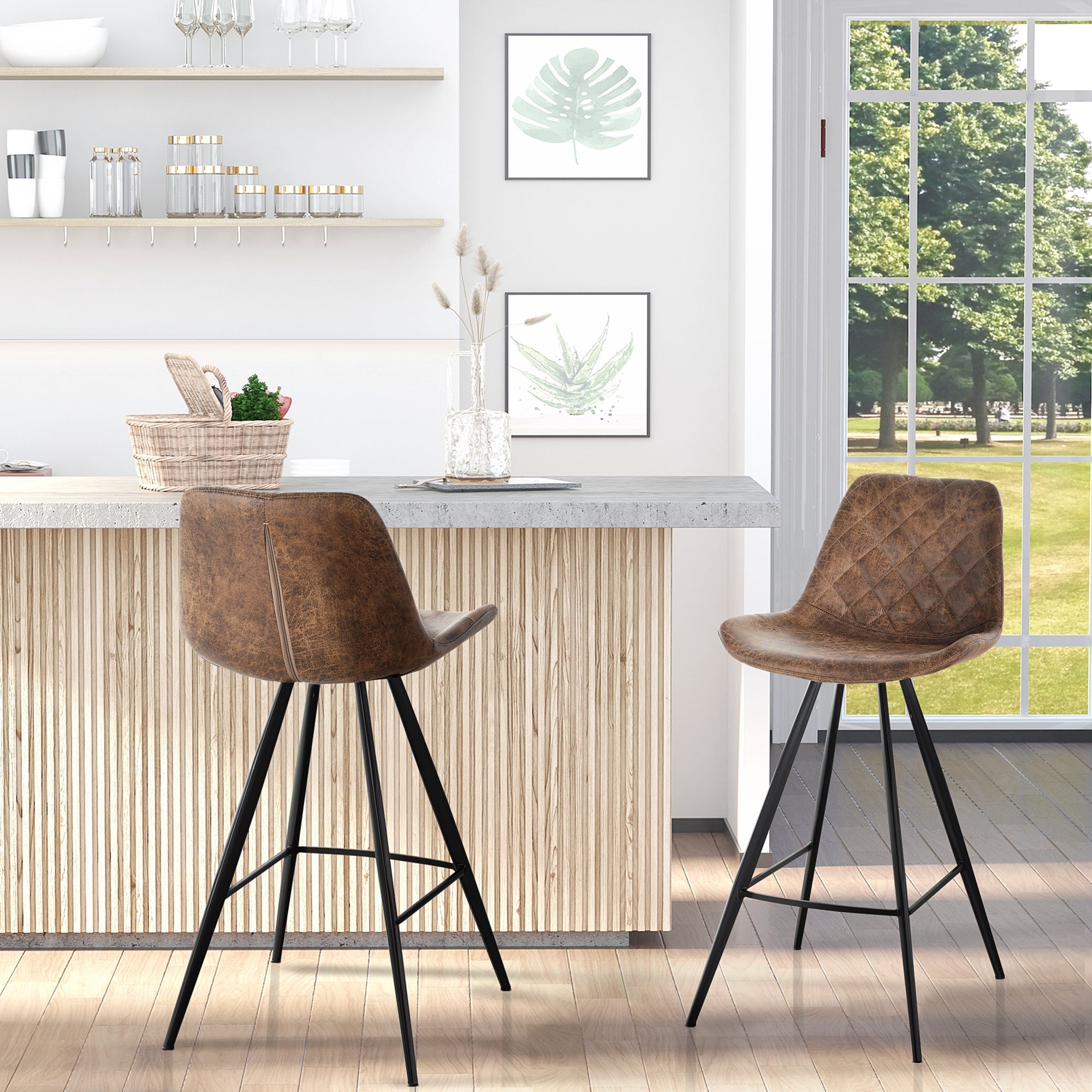 Counter Height Bar Stools Set of 2, Microfiber Cloth Bar Chairs with Metal Leg, Padded Seat, Counter Stools for Kitchen Island, Brown Bar Stools   at Gallery Canada