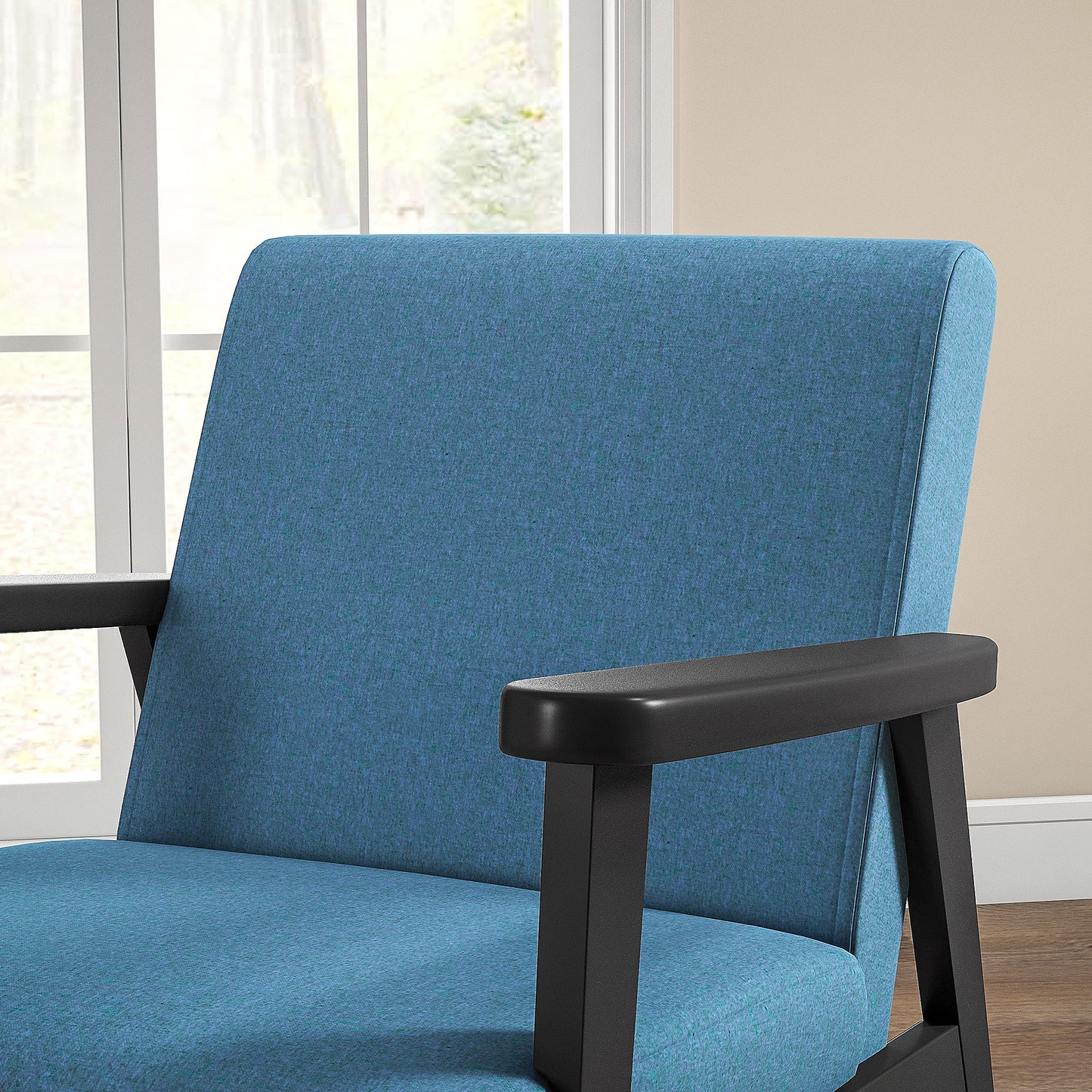 Mid-Century Modern Accent Chair Retro Fabric Armchair Wooden Arm Upholstered Lounge Chair for Living Room Blue Accent Chairs   at Gallery Canada