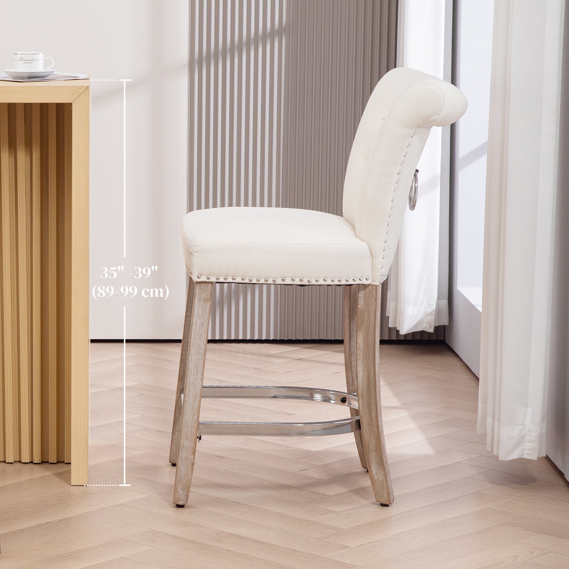 Bar Stools Set of 2, Upholstered Counter Height Stools with Button Tufted Back, Wood Legs and Footrest, Cream White Bar Stools   at Gallery Canada