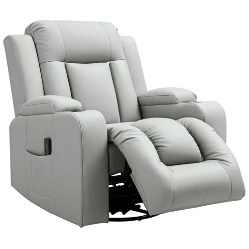 Recliner Chair with 8 Vibration, Overstuffed PU Leather Reclining Chair with Wide Seat, Cup Holders, Rocking, Light Grey
