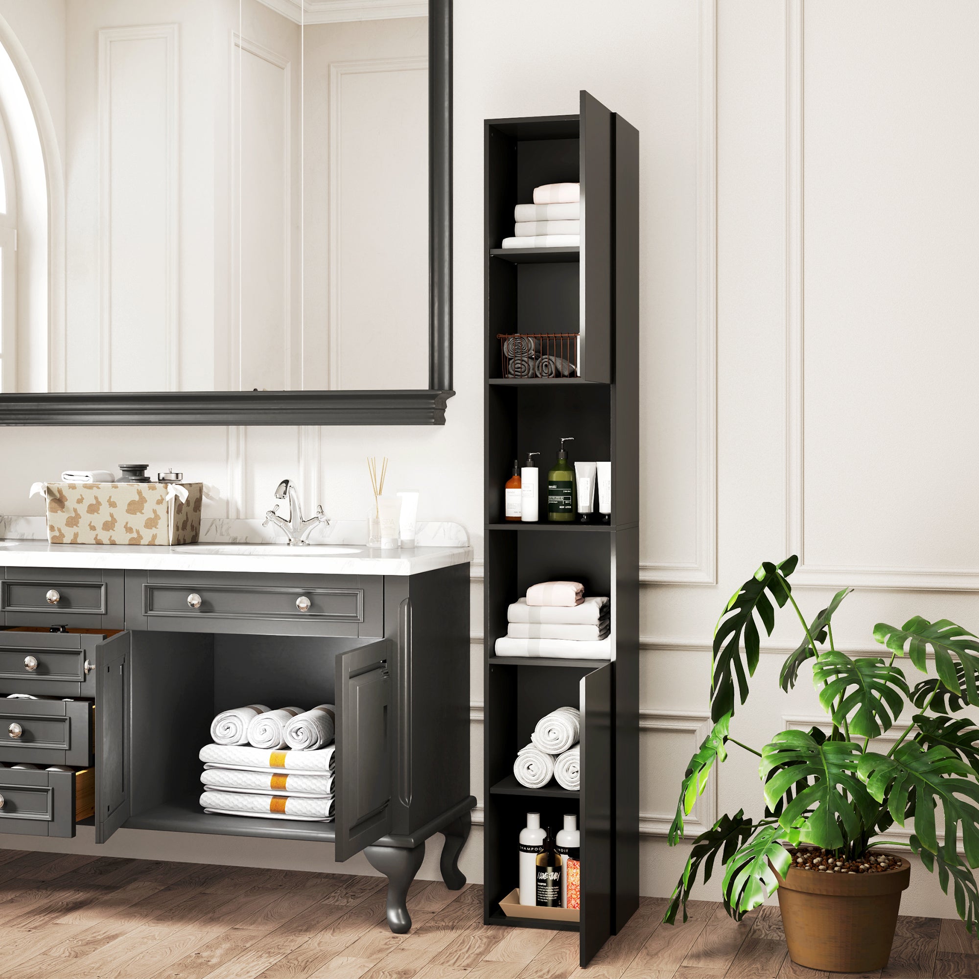 Tall Bathroom Cabinet, High Gloss Storage Cabinet with Doors and Adjustable Shelves, 11.8