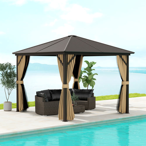 10' x 10' Hardtop Gazebo Outdoor Aluminum Gazebo Canopy with Mosquito Netting, Curtains, Hanging Hook, Brown