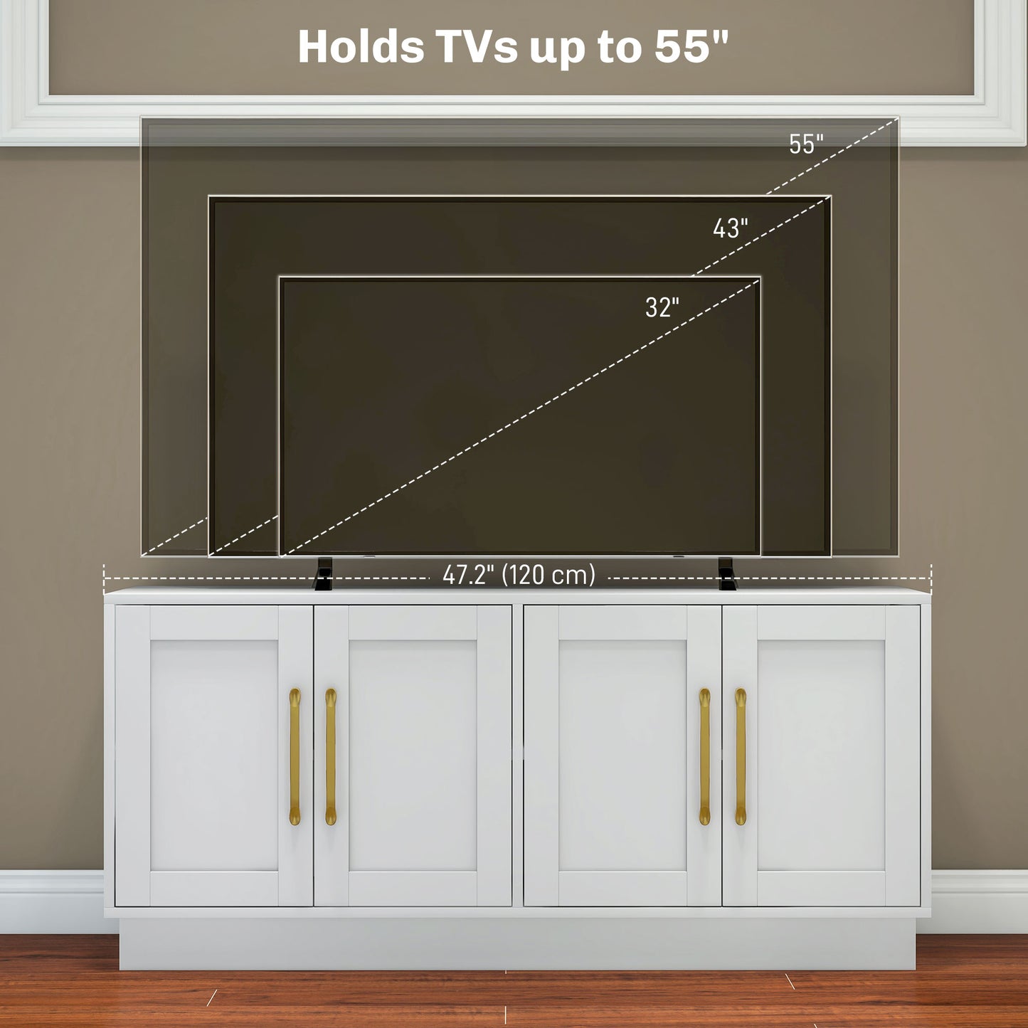 Modern TV Stand for up to 55" TV, TV Cabinet with 4 Soft Hinged Doors, 4 Cable Holes and 2 Adjustable Shelves, White TV Stands   at Gallery Canada