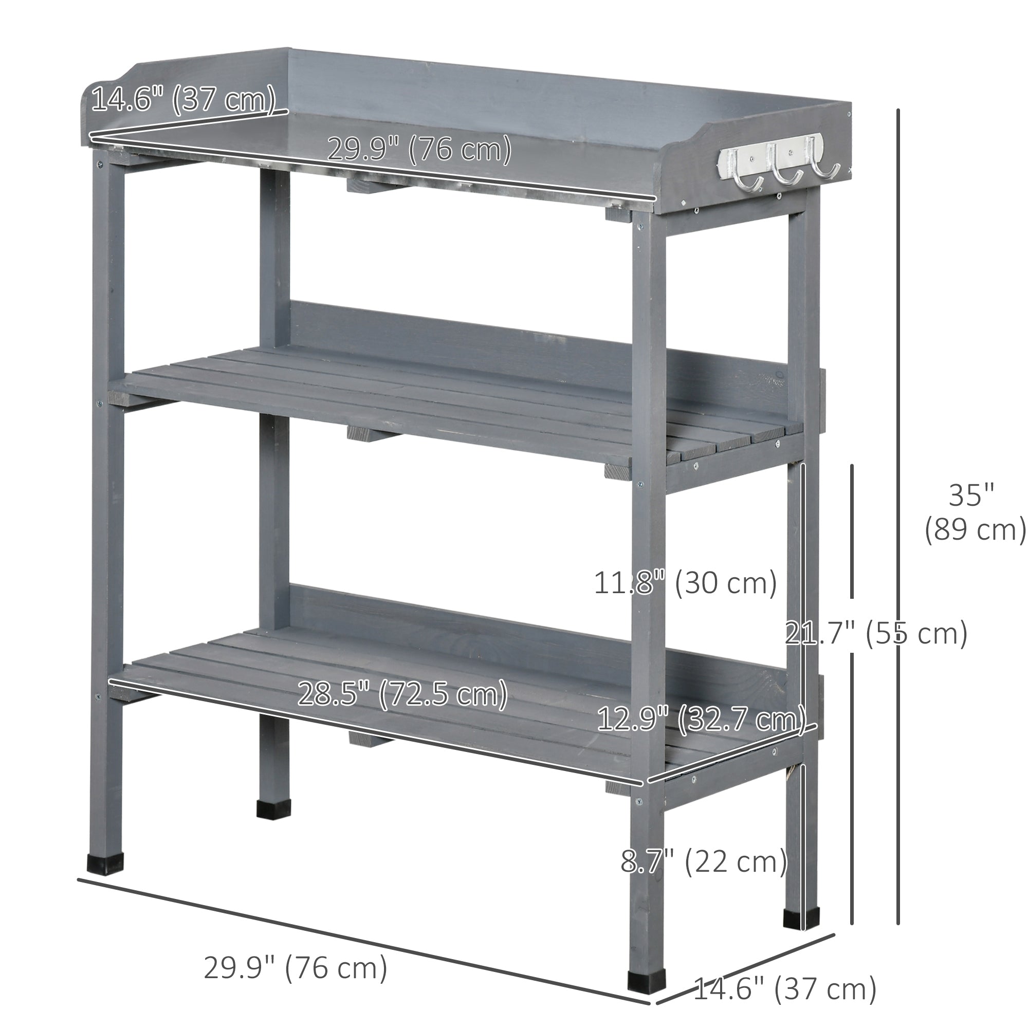 Outdoor Garden Wooden Potting Bench Work Station Table Tool Storage Shelf w/ Hooks, Grey Potting Benches & Tables at Gallery Canada