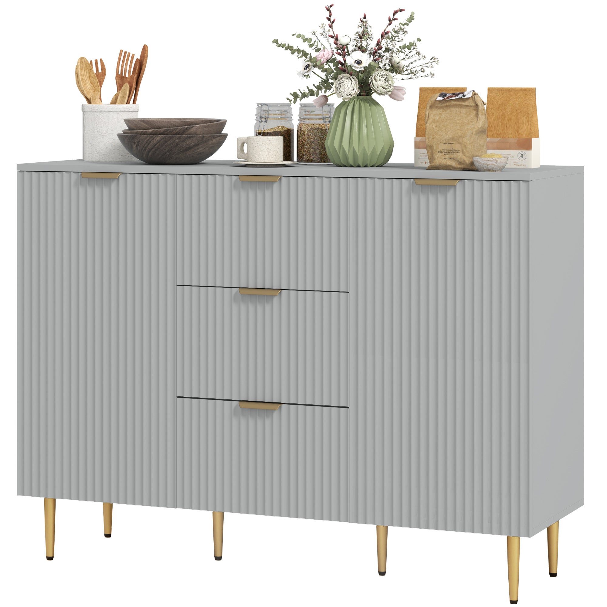 Modern Kitchen Storage Cabinet, Sideboard Buffet Cabinet w/ 3 Drawers and Adjustable Shelves for Kitchen Hallway, Grey Bar Cabinets   at Gallery Canada