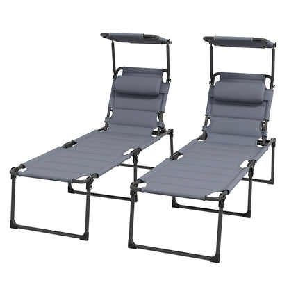 Folding Chaise Lounge with Adjustable Visor, Outdoor Padded Tanning Chairs with Headrest, Reclining Back Lounge Chair, for Beach, Yard, Patio, Grey Lounger Chairs   at Gallery Canada