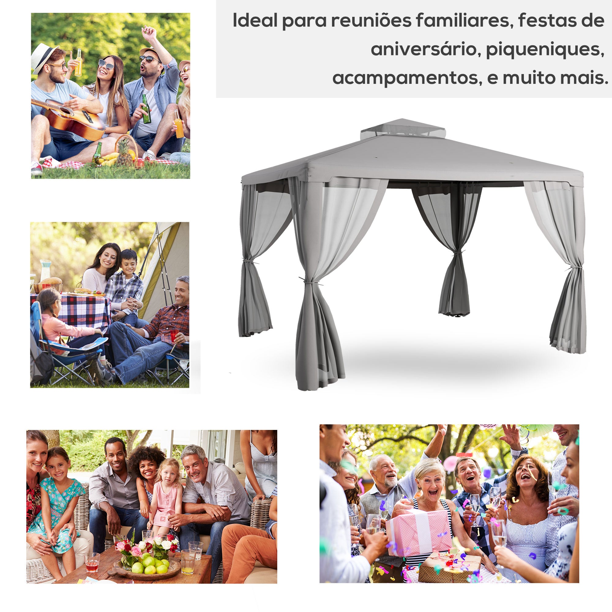 12' x 10' Patio Gazebo Outdoor Pavilion 2 Tire Roof Canopy Shelter Garden, Steel Frame w/ Mosquito Netting, Light Grey Gazebos at Gallery Canada