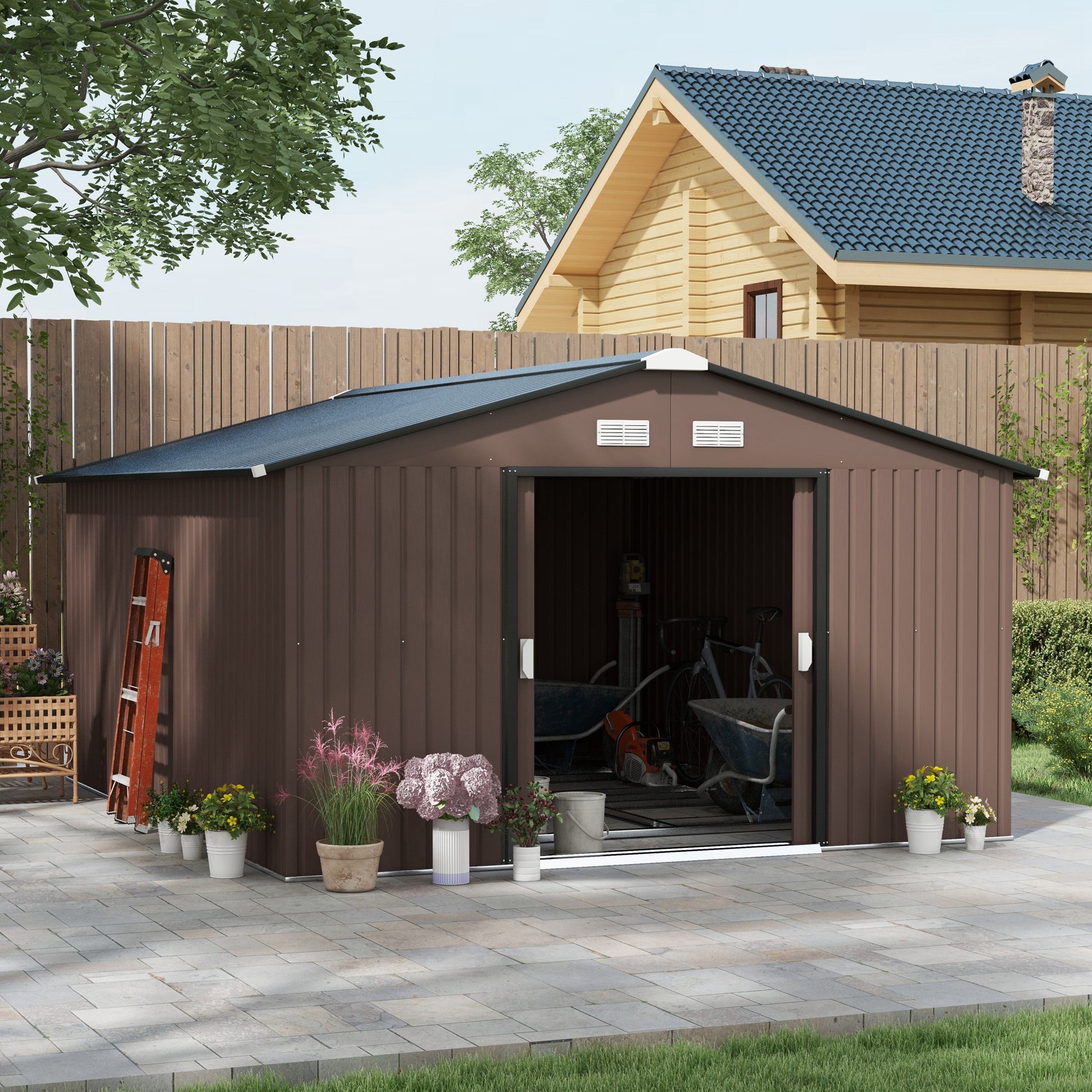 11' x 13' Garden Storage Shed w/ Foundation Kit Metal Tool Storage House w/ Double Doors, Brown Sheds Brown at Gallery Canada