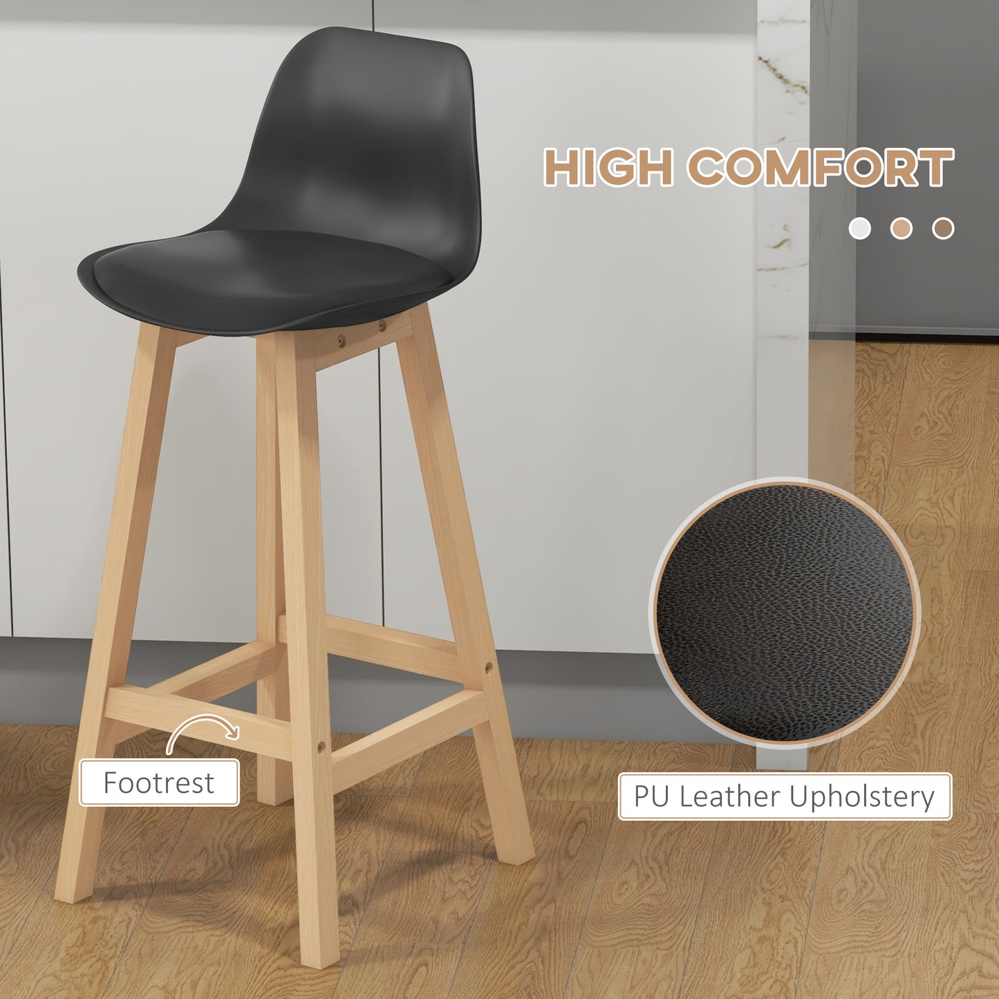 Bar Height Stools Set of 2, PU Leather Upholstered Stools for Kitchen Island, Modern Bar Chairs with Backs, Black Bar Stools   at Gallery Canada