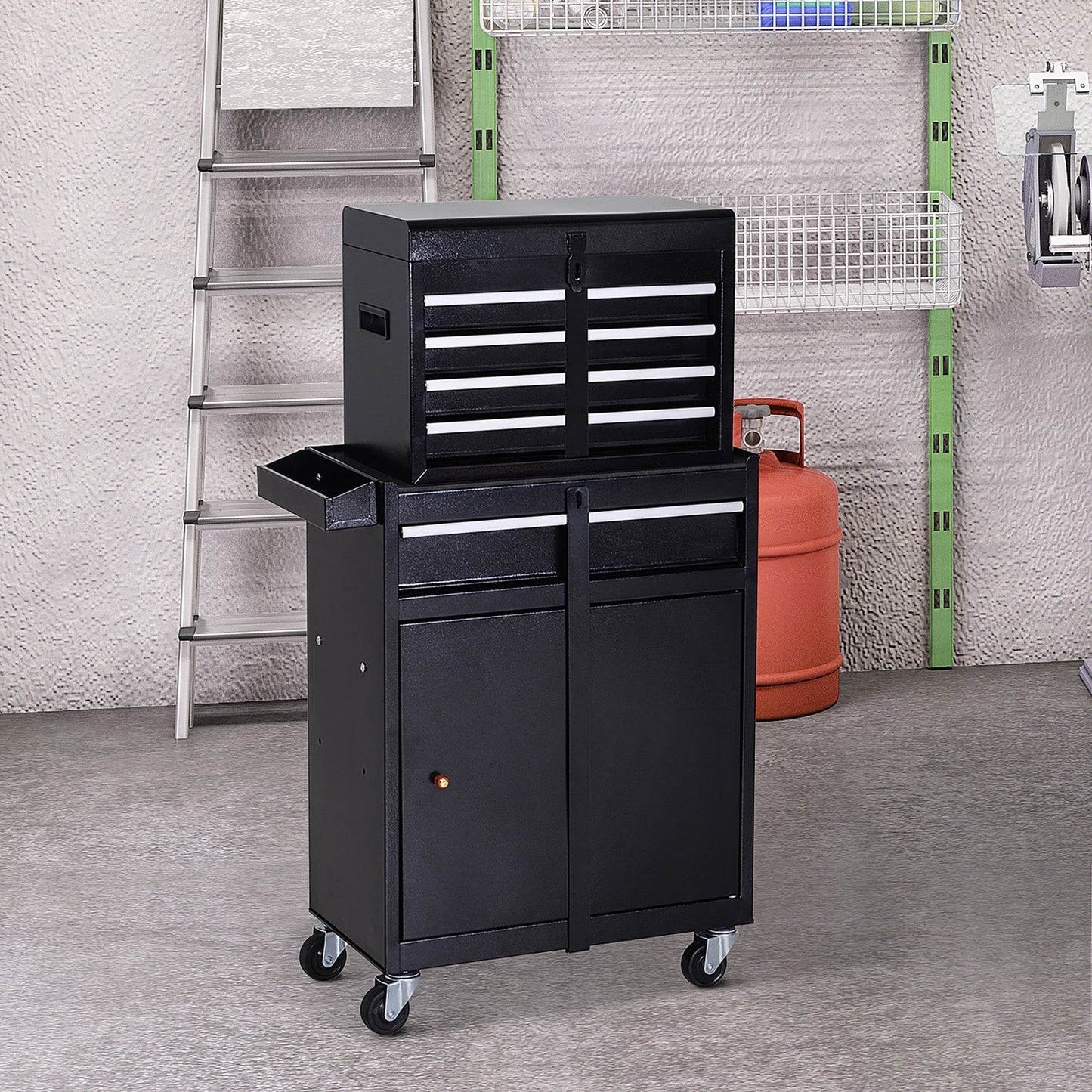 Rolling Tool Cabinet 2 in 1 Top Chest Storage Box 5 Drawers with Pegboard and Adjustable Shelf, Black Tool Organizers   at Gallery Canada