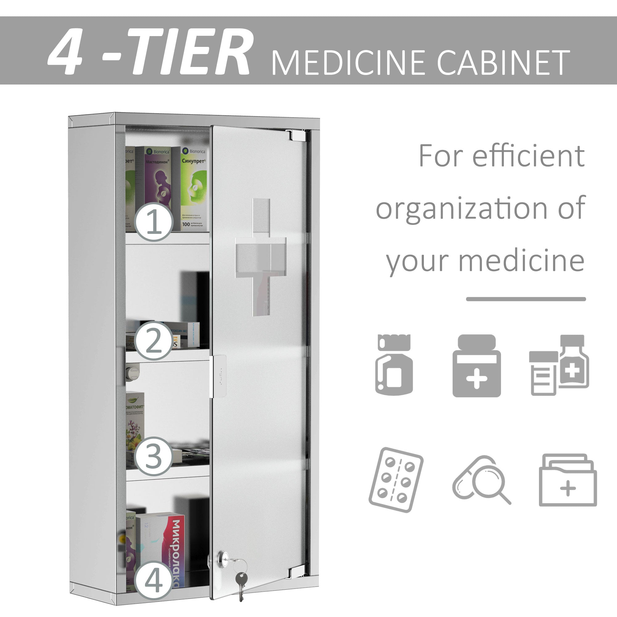 Wall Mount Medicine Cabinet, Bathroom Cabinet with 4 Tier Shelves, Stainless Steel Frame and Glass Door, Lockable with 2 Keys, Silver, 12