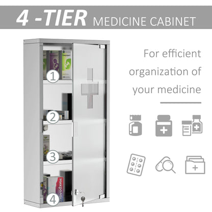 Wall Mount Medicine Cabinet, Bathroom Cabinet with 4 Tier Shelves, Stainless Steel Frame and Glass Door, Lockable with 2 Keys, Silver, 12" x 23.5" Mirror Medicine Cabinets   at Gallery Canada