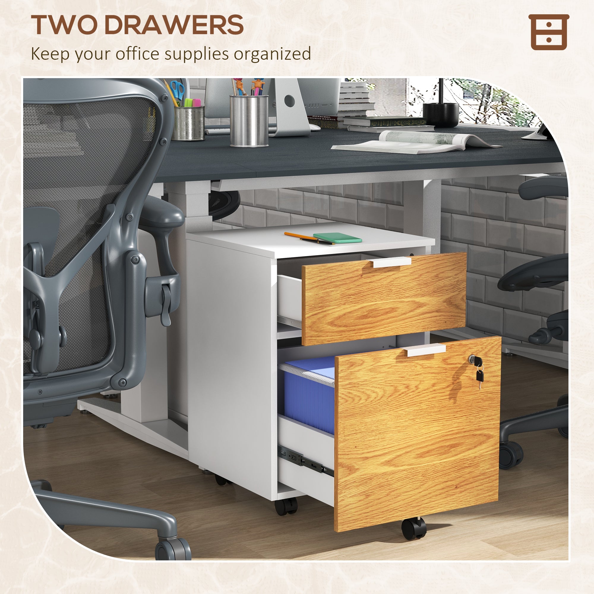 2 Drawer Small Filing Cabinet Lockable Office Storage Cabinet with Hanging Bars for A4 Letter White Nature Wood Office Cabinets & Cupboards   at Gallery Canada