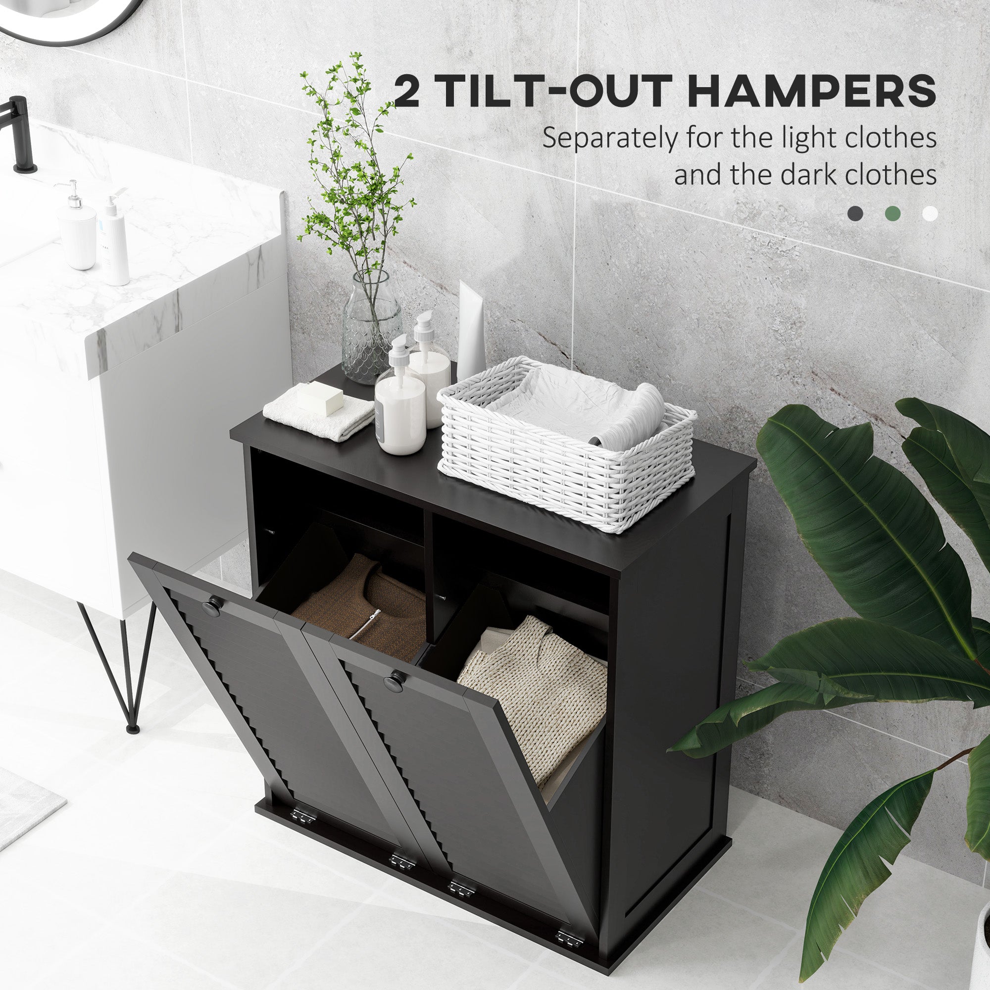Tilt Out Laundry Cabinet, Laundry Basket Cabinet with 2 Baskets and 2 Louvered Doors, Black Bathroom Cabinets at Gallery Canada